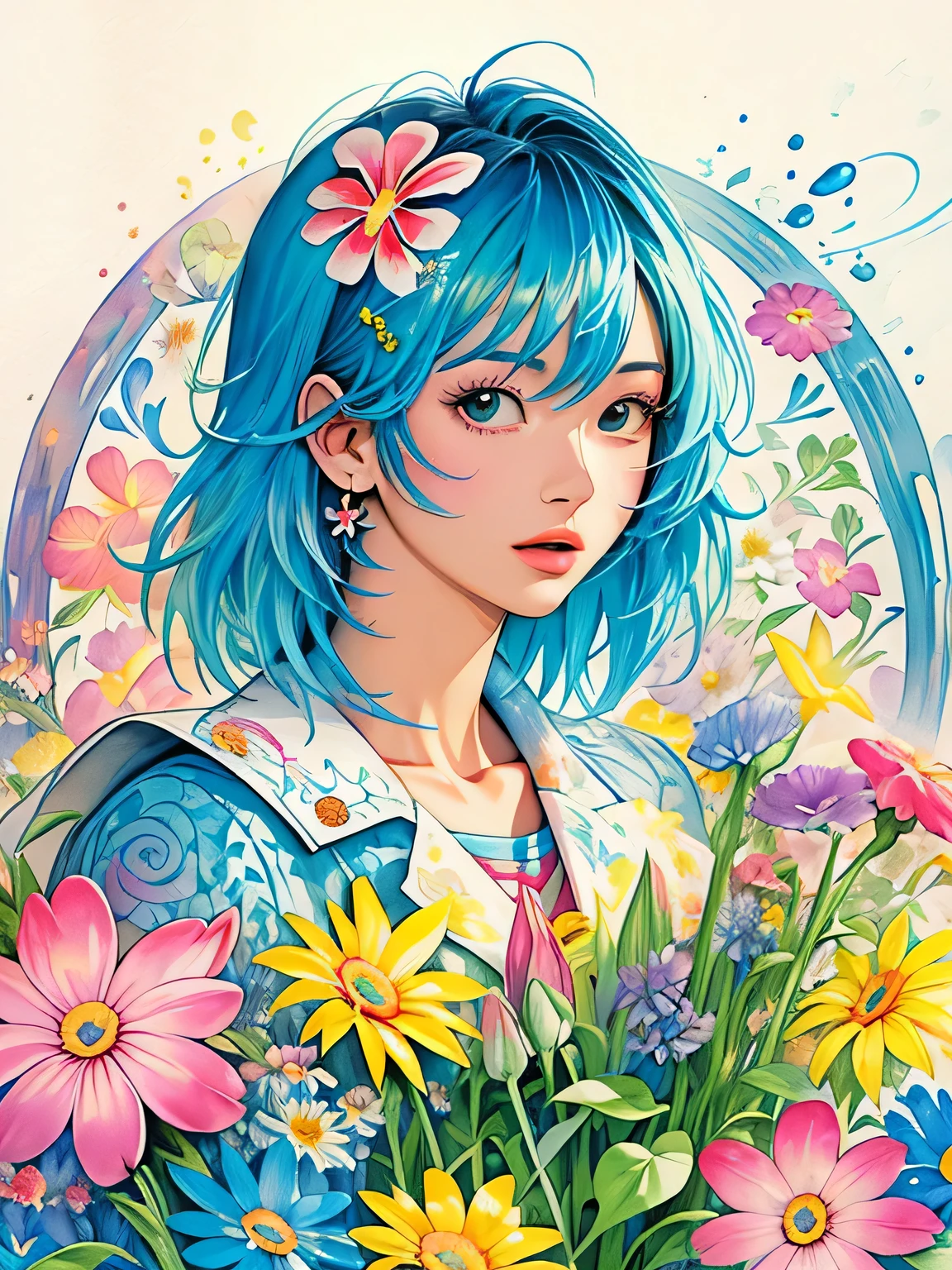 akira toriyama style、8K Quality、Intense watercolor, Detailed watercolor art, Watercolor splash, Surreal, avant-garde pop art, Beautiful and expressive paintings, Beautiful artwork illustration, Very colorful tones, wonderful, Cool beauty, highest quality、Official Art, Vector art, Stylish design, ((The most beautiful girl of all time)), (((highest quality))), HDR, ((detailed)), (((Doodle Art)), ((masterpiece)), ((Super detailed)), (((Colorful flowers))),