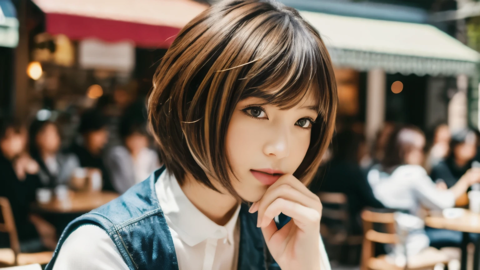 super high quality, Fashion Model, Short Hair, Slender, (8k、RAW Photos、highest quality、masterpiece:1.2), Japanese Idol, Serious expression, Shaggy, brown hair, Stylish café, Fashion magazine shooting, The cafe is crowded with people enjoying themselves., (Realistic、Photorealistic:1.37), Beautiful Face , Normal chest, Urban Cafe, A gentle gaze, Spring Clothes, Neat clothes,