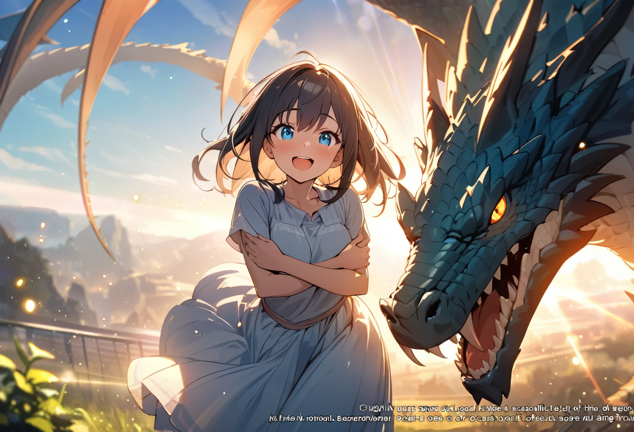 highres, top quality, best quality, paid reward available, High-quality illustrations, unparalleled masterpiece, under refreshing blue sky, absurdres, height difference, large Dragon, smile, hugs girl((movie of a Dragon and human  girl))girl hugs dragon, dress skirt, smile, open mouth, happy, joyful(beautiful detailed eyes and face)caustics, light rays, light leaks, light particles, lens flare, subtitles, English text,