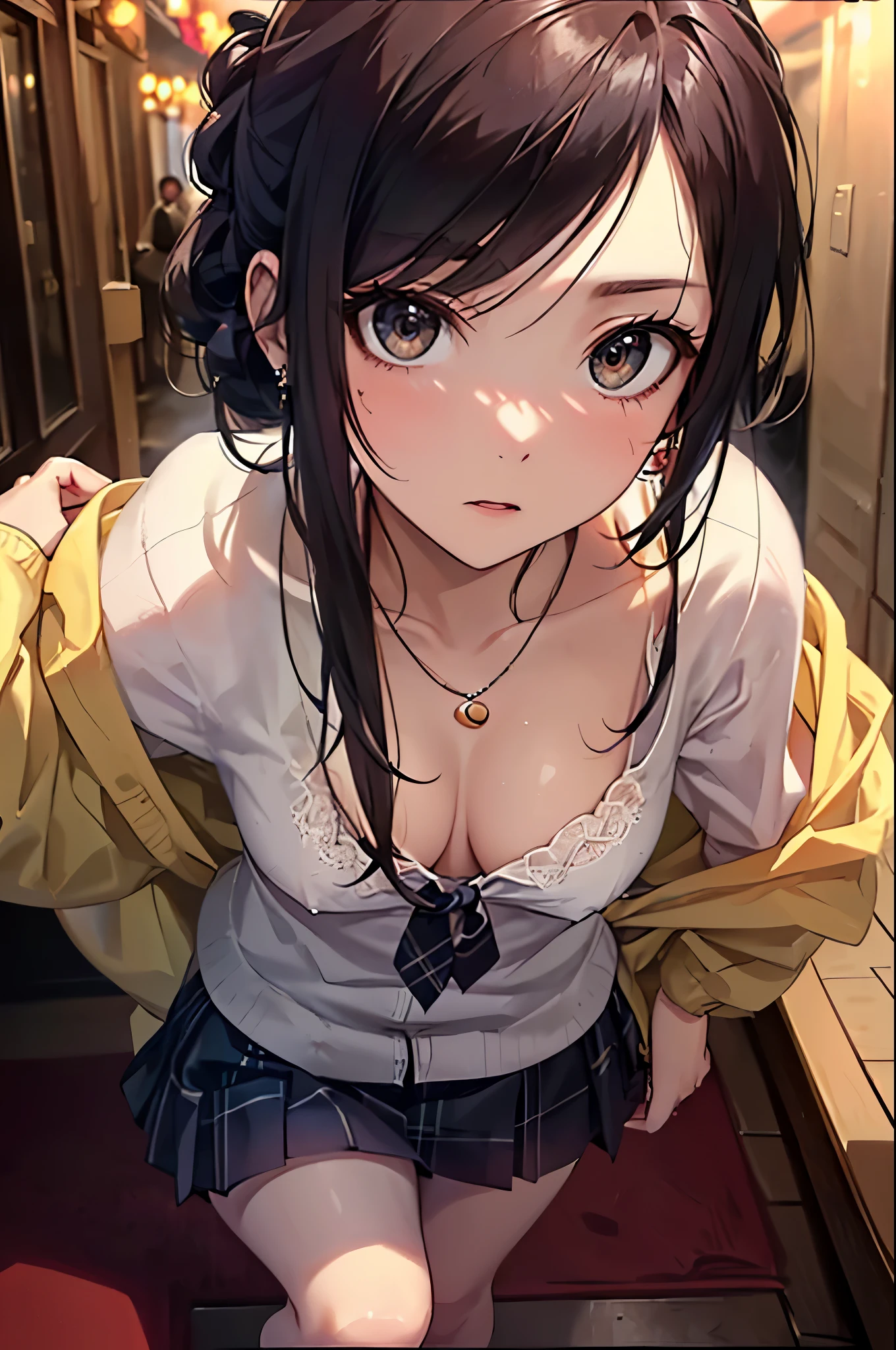 ((Biologically correct number of limbs))、(( Photo with face included))、4K、((Standing posture))、Masterpiece、((focus on the face))、((Symmetrical facial features))、Eyes with detailed description、Beautiful woman、Outstanding style、Beautiful clavicle、Beautiful legs、Beautiful Hands、Slender Body、(stockings、High heels)、Detailed depiction of faces、Small earrings、necklace、(Jacket、shirt、(Checked skirt))、profile、tie、Holiday theme park、(((White oak)))、Droopy eyes、Photographed from diagonally in front