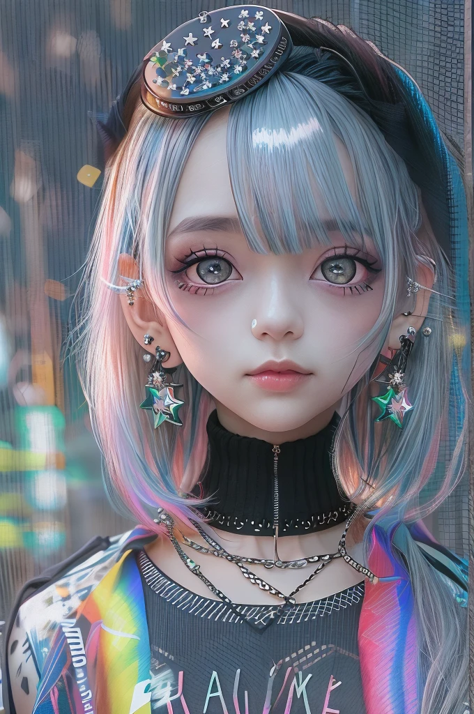 8-year-old, Close-up portrait of a woman in a colorful clown costume、Shoulders out、thin、Serious expression、Short-haired、Deadly position, Gorgeous Necklace, Light milky porcelain skin, Smooth, Translucent white skin, Enchanting anime girl, Beautiful and seductive anime woman, Ultra realistic sweet bunny girl, Pale porcelain white skin, Smooth, Realistic and perfect body, Anime Girl Cosplay, Perfect body with realistic shadows, 