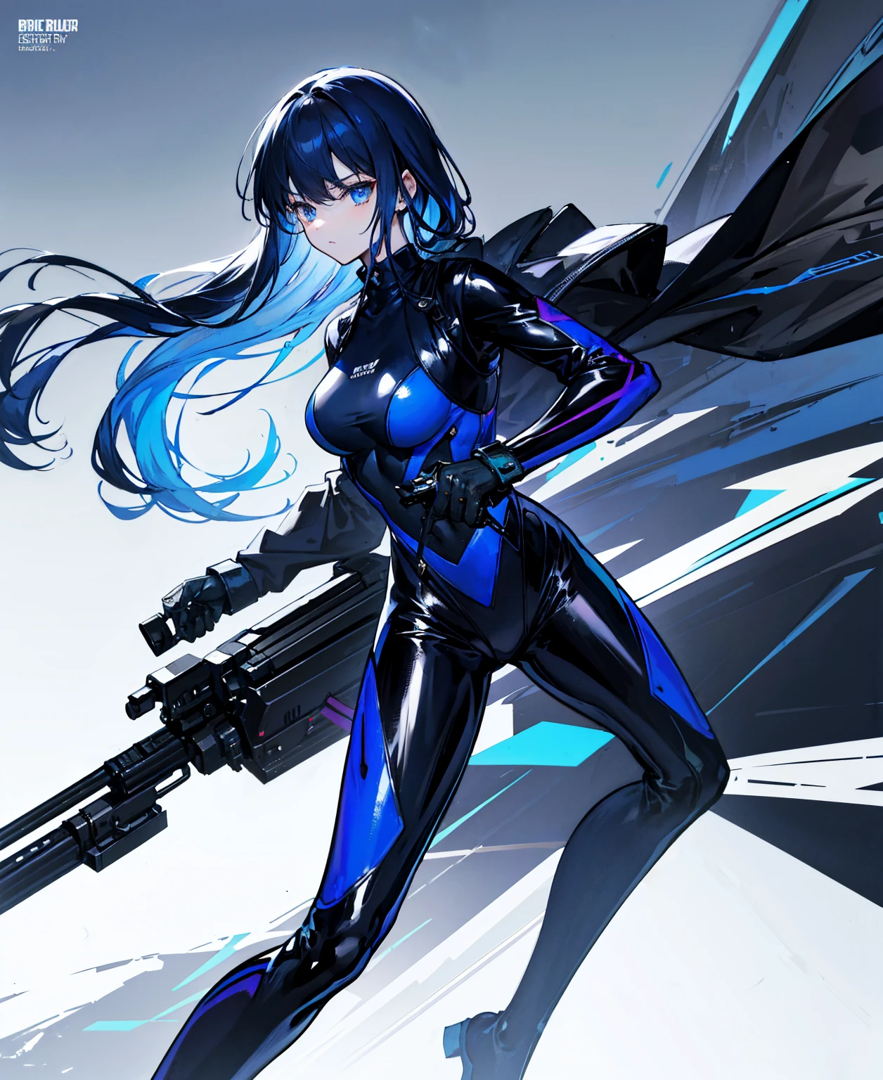There is no background,girl,Carry a firearm,Patent leather tight suit,Use of firearms,Navy blue long hair,attention arousal,Blue colored eyes,No gradients
