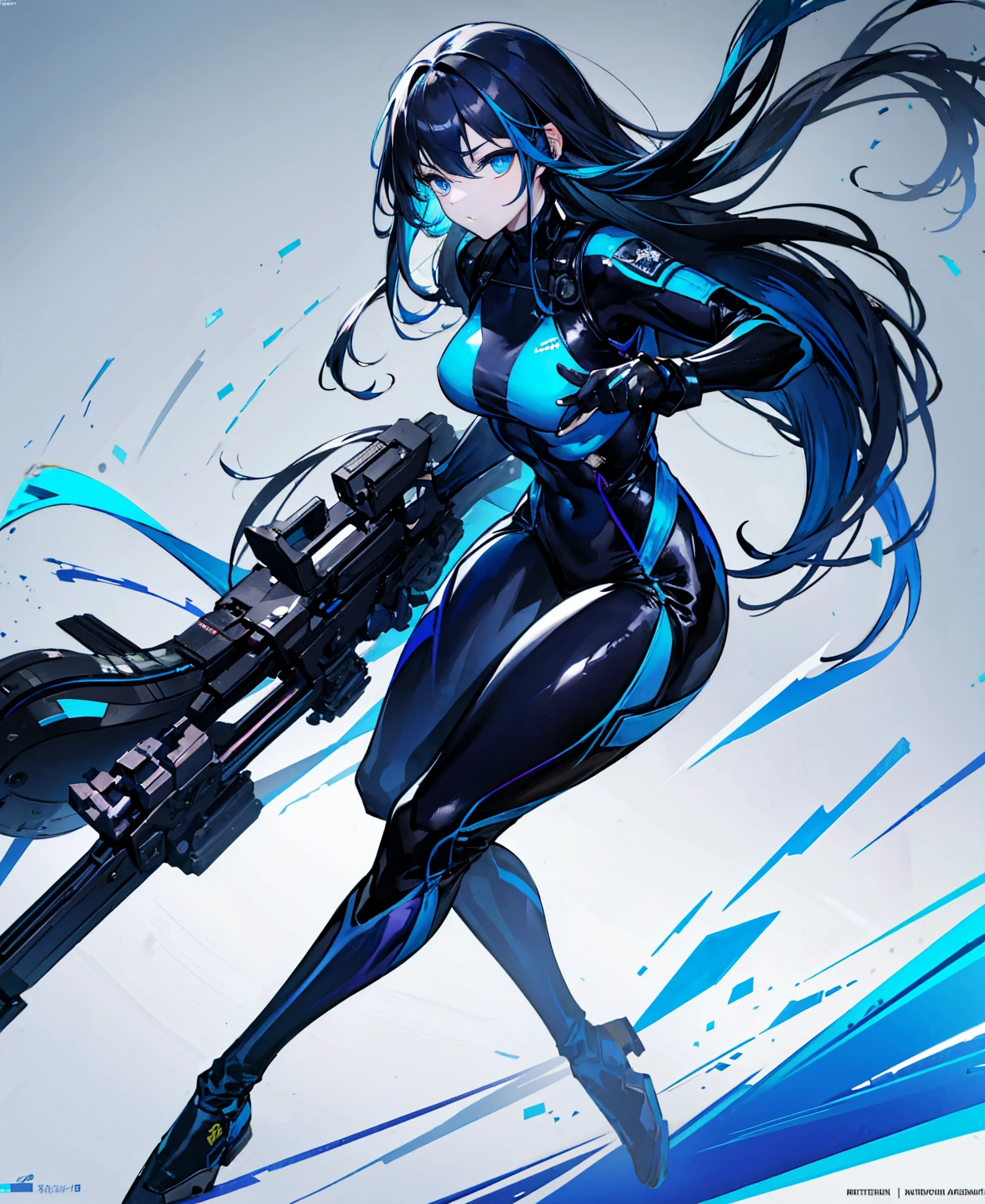 There is no background,girl,Carry a firearm,Patent leather tight suit,Use of firearms,Navy blue long hair,attention arousal,Blue colored eyes,No gradients
