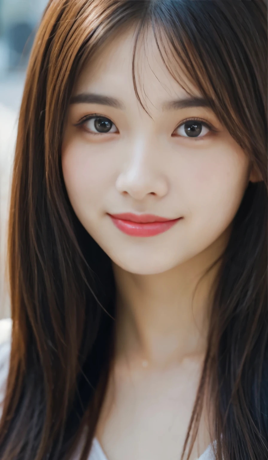 Angelic Very beautiful cute girl,
Beautiful detailed eyes, 
Detailed double eyelids,
(Large eyes:1.3),long eyelashes,
see-through bangs,
(beautiful detailed face and eyes:1.4), 
small nose,
small mouth, 
Beautiful long hair,
happy smiling with visible teeth,
(Best Quality:1.2),
Raw photo, 
High resolution, 
perfect  detail, 
Professional Photography, Beautiful woman in black underwear、Beautiful legs,Body、Beautiful breasts, Lighting for,Walking, In the city,Brown hair,