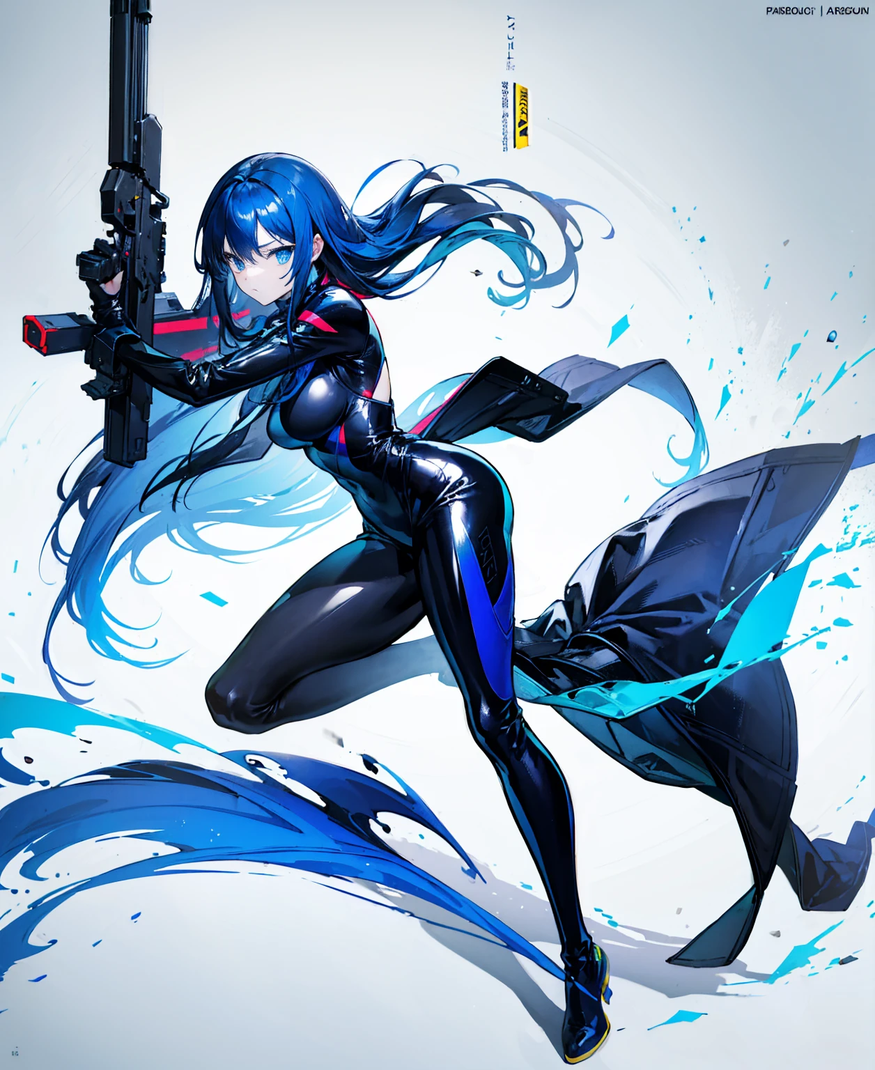 There is no background,girl,Carry a firearm,Patent leather tight suit,Use of firearms,Navy blue long hair,attention arousal,Blue colored eyes,No gradients