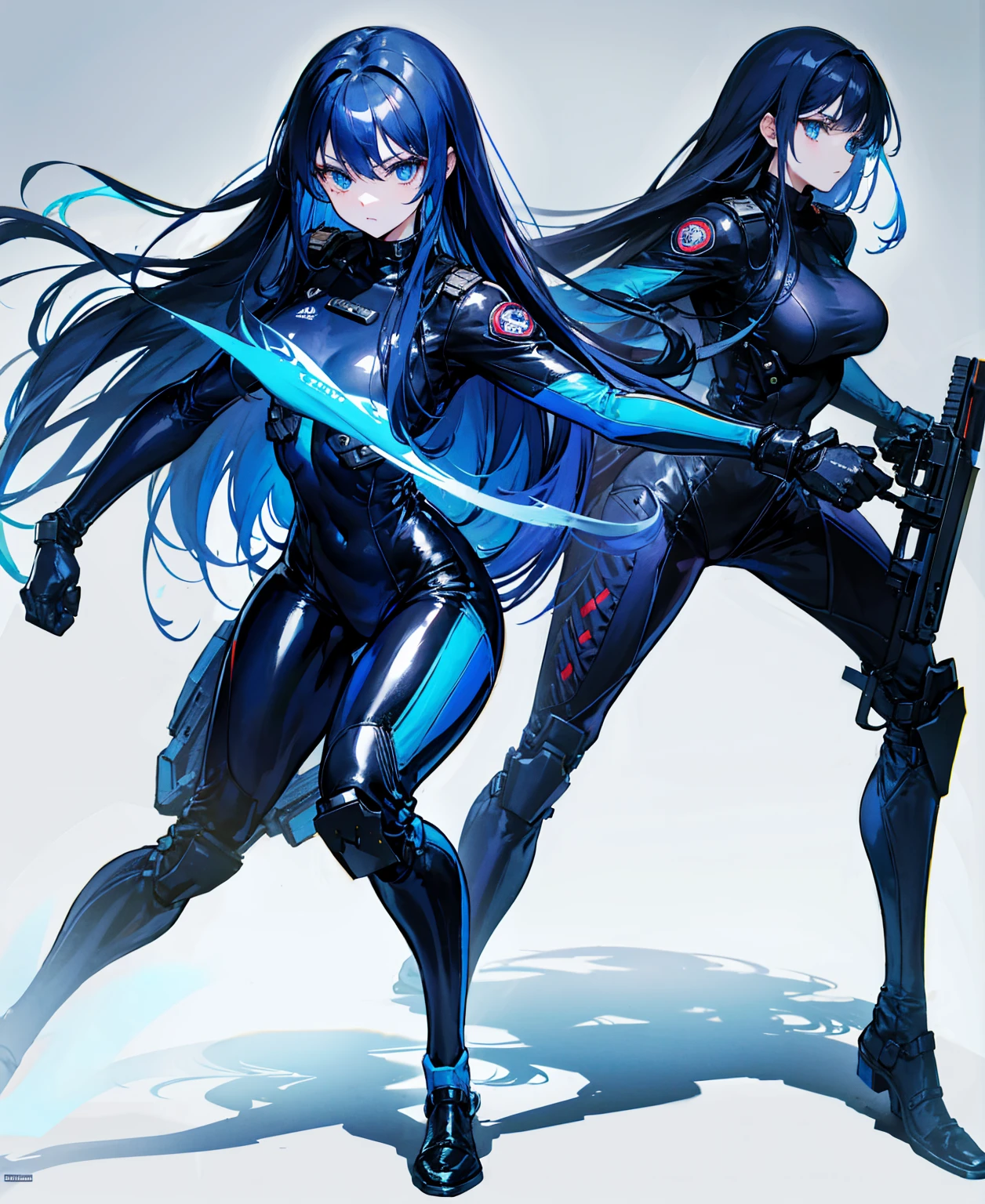 There is no background，girl，Carry a firearm，Patent leather tight suit，Use of firearms，Navy blue long hair，attention arousal，Blue colored eyes,No gradients