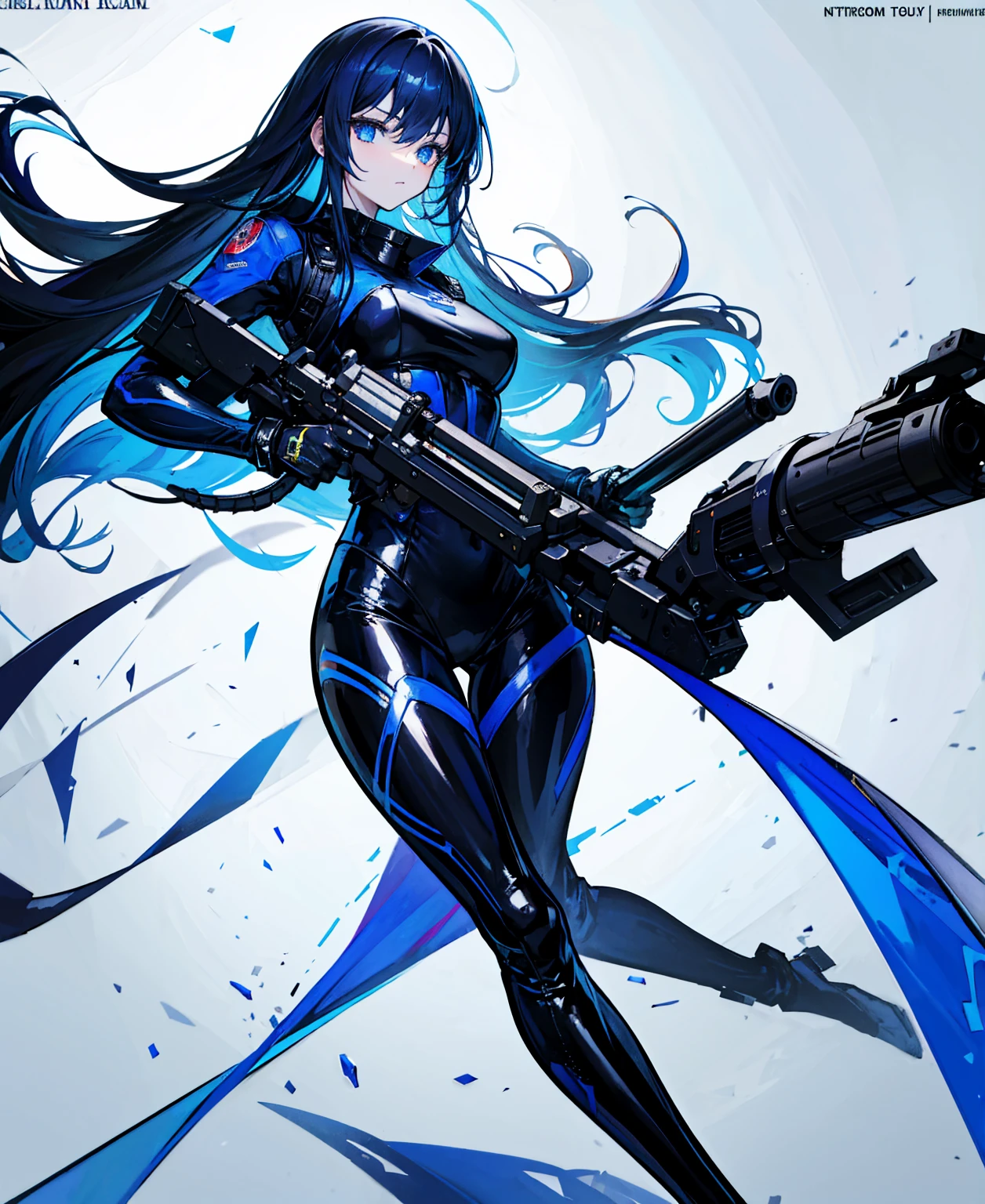 There is no background，girl，Carry a firearm，Patent leather tight suit，Use of firearms，Navy blue long hair，attention arousal，Blue colored eyes,No gradients