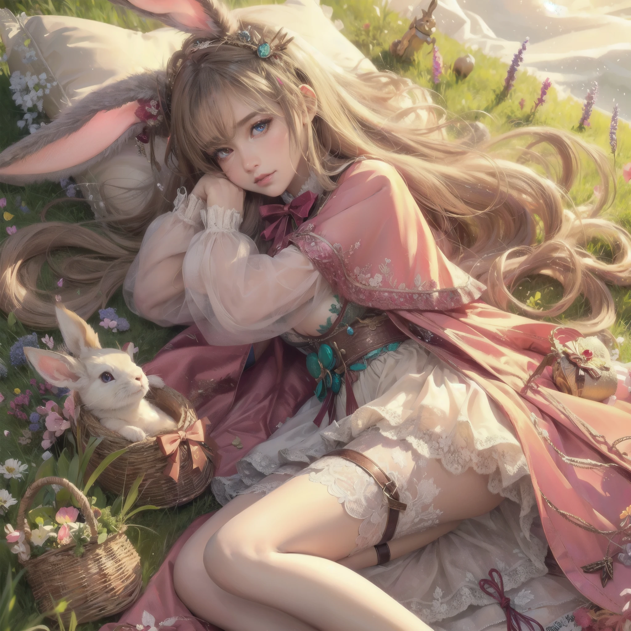 high quality,hd,16k,sharp line,1girl,fantasy,fem
ale rabbit girl,beautiful hair ,cute face, large breasts ,nice legs,,focus girl,detailed beautiful face,detailed clothes,beautiful eyes,dynamic angle