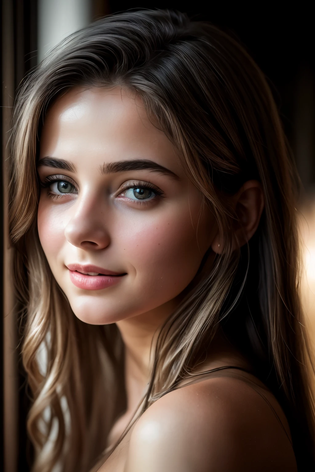 realistic photograph, 1woman, 23-year-old, light eyes and shoulder-length brown hair, illuminated by the dawn light, shy smile, while she looks at the camera with an innocent look, high quality, high details, an extremely beautiful,