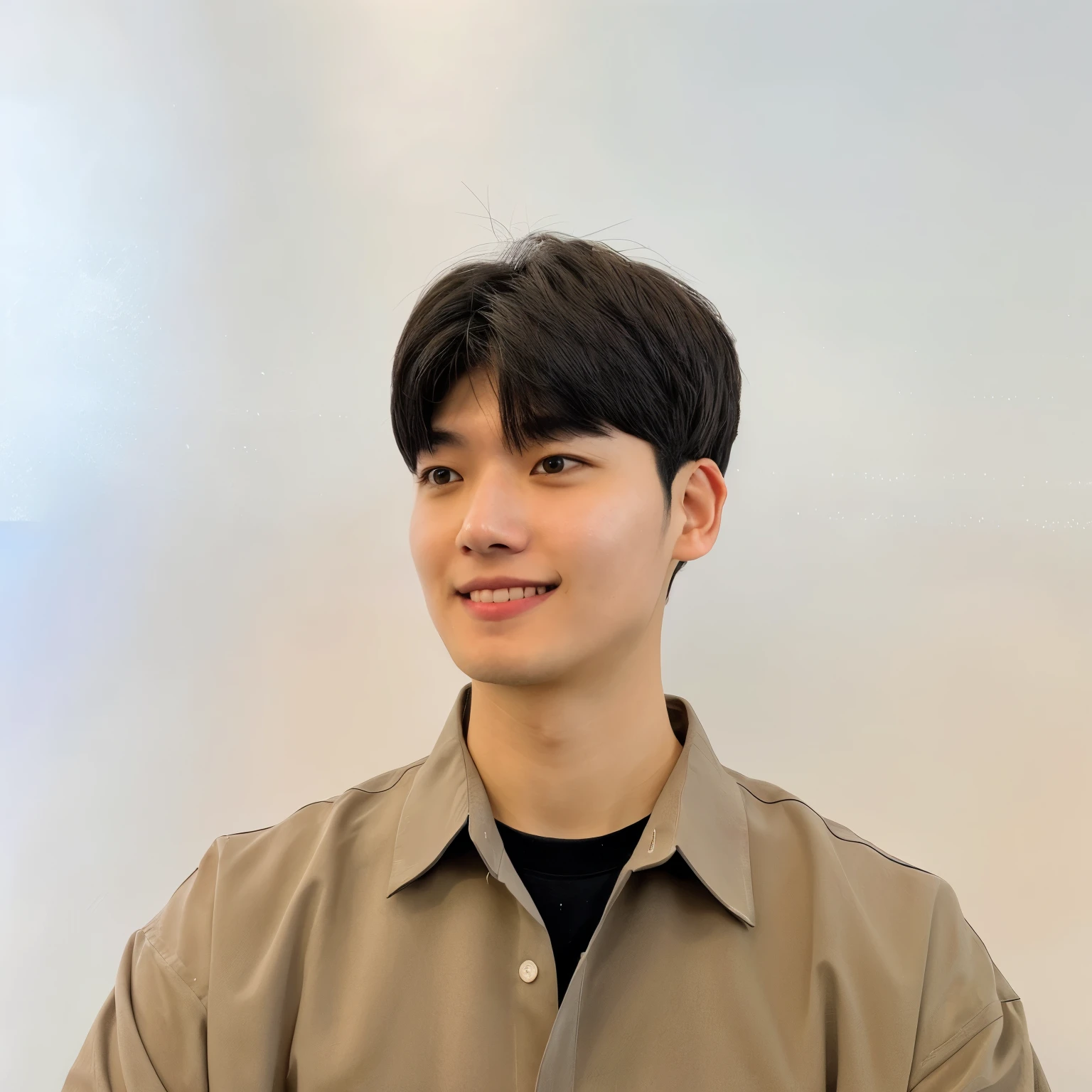 Best Quality, 8k, Masterpiece, (Portrait: 1.3), (photo realistic:1.4), (hyper realistic:1.4), Sharp Focus, looking at viewer, (smoother lighting:1.1), (increase cinematic lighting quality:0.9), realistic lighting, backlighting, light on face, ray trace, (brightening light:1.2), (Increase quality:1.4), sharp detail, (best quality real texture skin:1.4), finely detailed eyes, black_eyes, finely detailed face, 25 year old Korean man,smiling_face