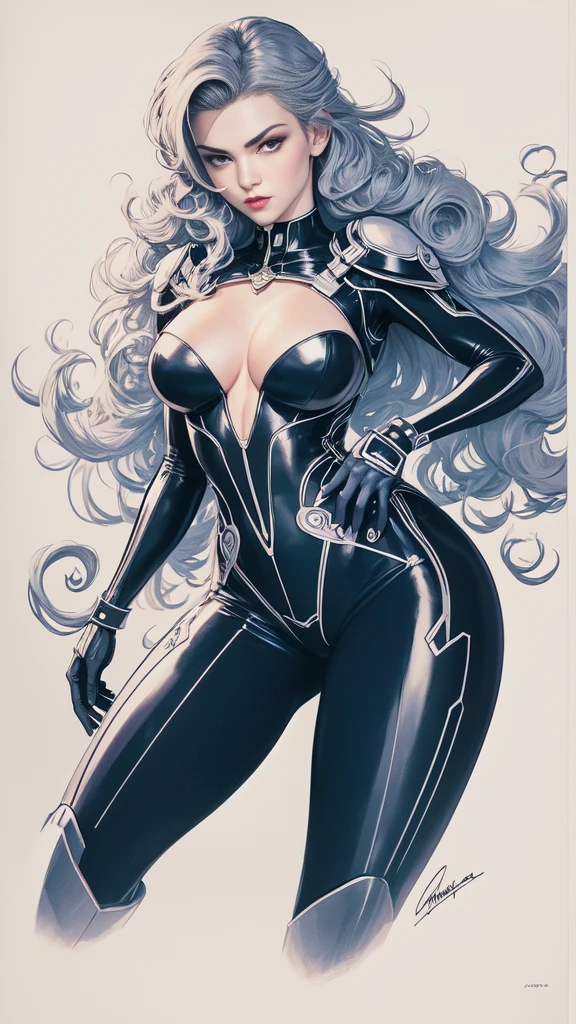 masterpiece,very sharp LINEAR DRAW,((Disney style)),((The Perfect One Woman)),((one person)),retro space futurism, beautiful detailed face,hi-tech armor over catsuit, long curly hair,in deep space background,medium breasts,cleavage,highly detailed body