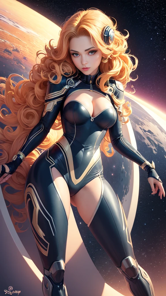 masterpiece,very sharp LINEAR DRAW,((Disney style)),((The Perfect One Woman)),((one person)),retro space futurism, beautiful detailed face,hi-tech armor over catsuit, long curly hair,in deep space background,medium breasts,cleavage,highly detailed body