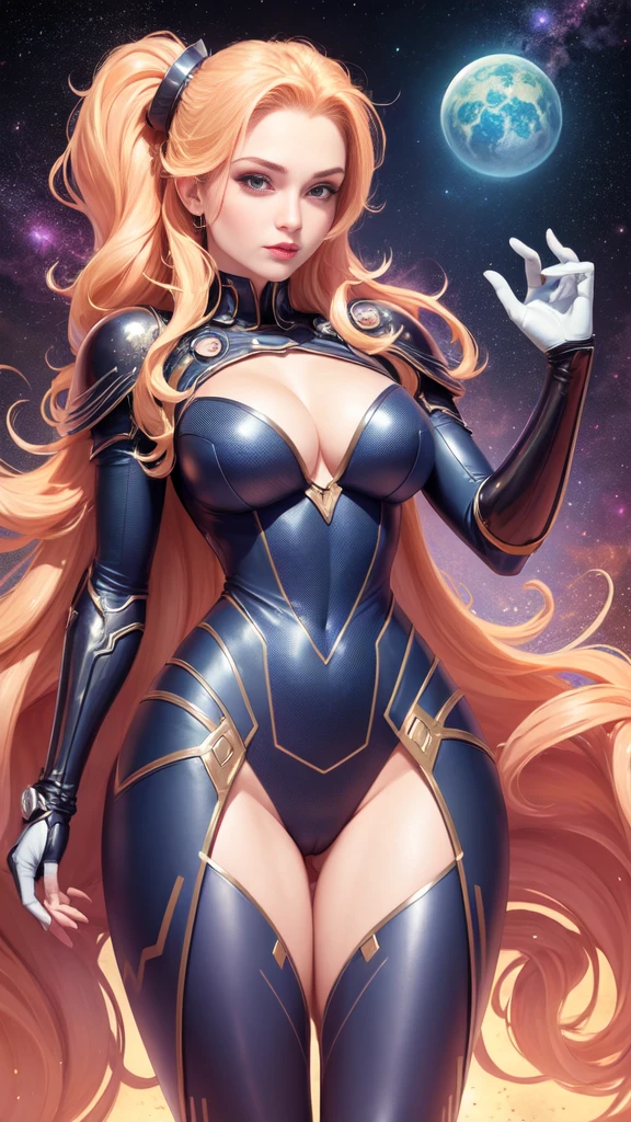 masterpiece,very sharp LINEAR DRAW,((Disney style)),((The Perfect One Woman)),((one person)),retro space futurism, beautiful detailed face,hi-tech armor over catsuit, long curly hair,in deep space background,medium breasts,cleavage,highly detailed body