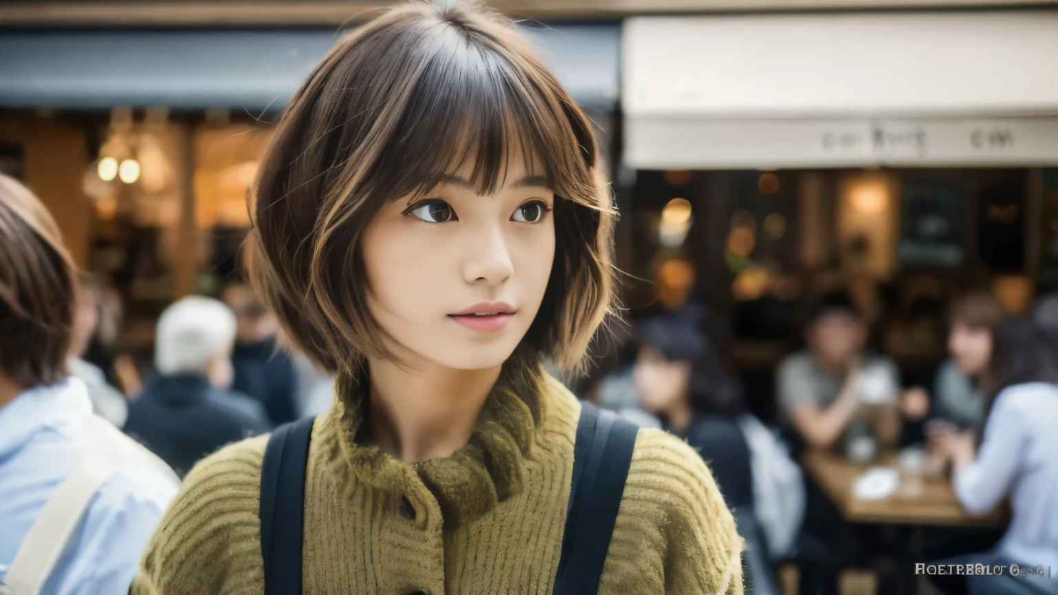 super high quality, Fashion Model, Short Hair, Slender, (8k、RAW Photos、highest quality、masterpiece:1.2), Japanese Idol, Serious expression, Shaggy, brown hair, Stylish café, Fashion magazine shooting, The cafe is crowded with people enjoying themselves., (Realistic、Photorealistic:1.37), Beautiful Face , Normal chest, Urban Cafe, A gentle gaze, Spring Clothes, Neat clothes,