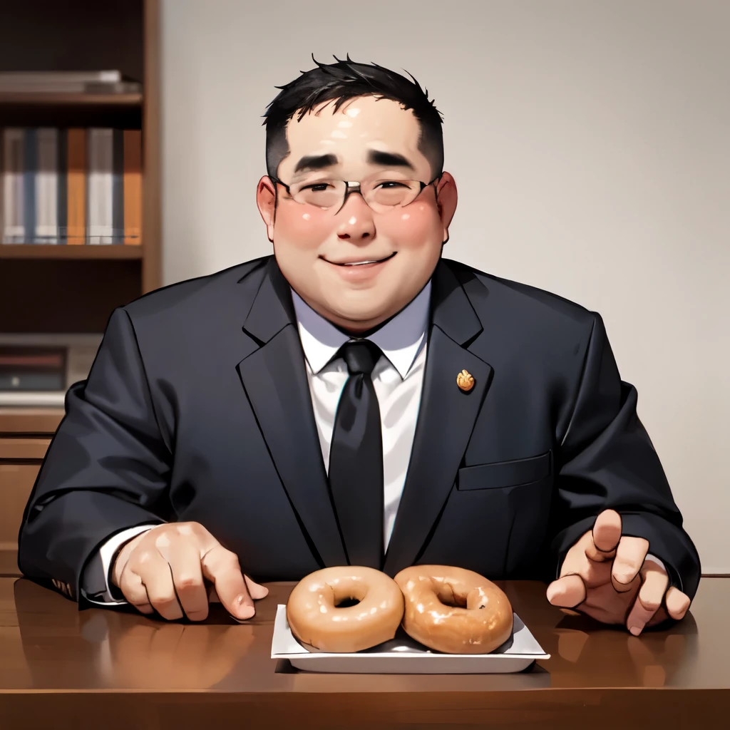 Male solo images、A slightly overweight man in a suit,Eat a donut、Grinning face、A box of donuts on a desk、Office desk background scenery