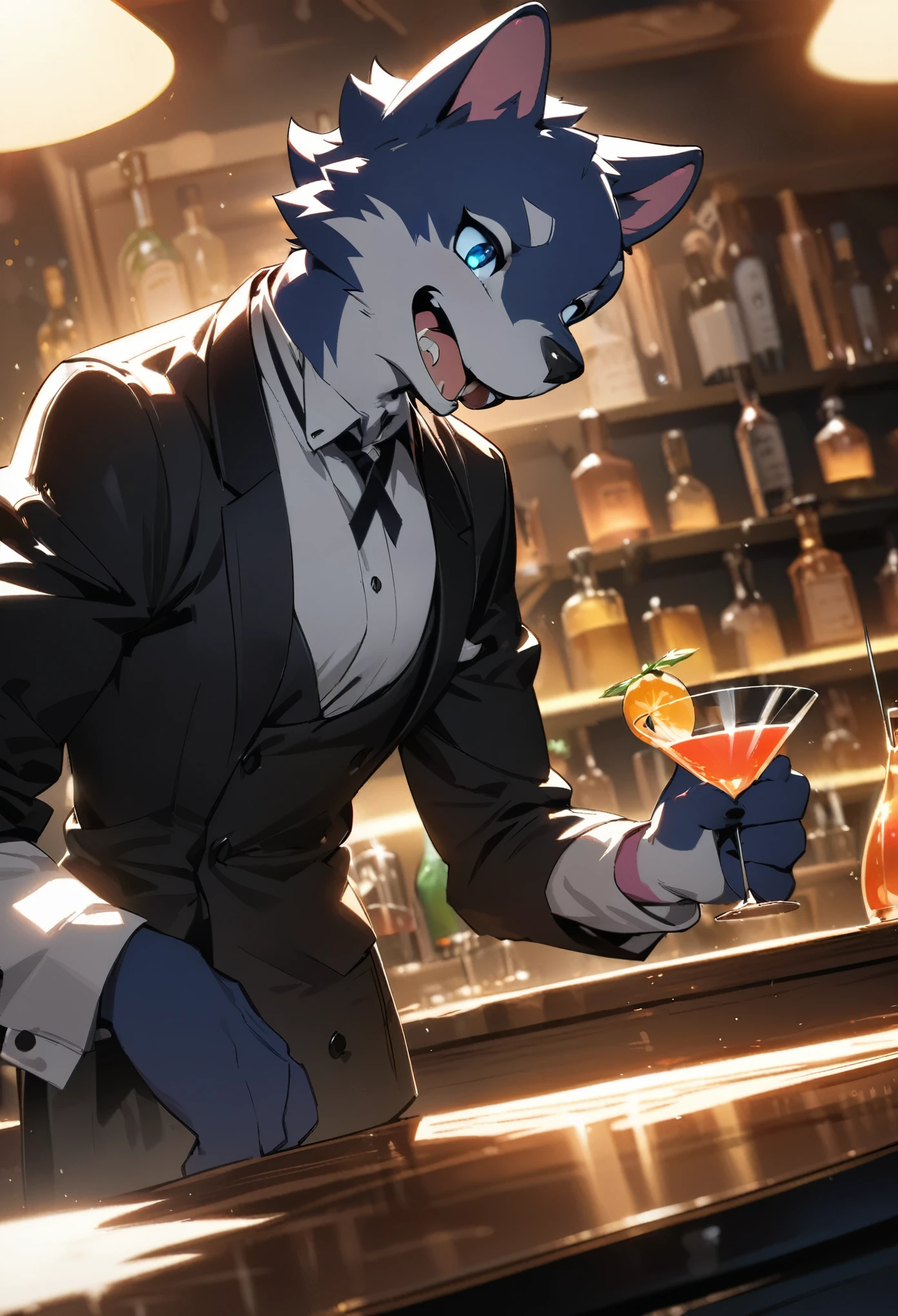 top quality, best quality, High-quality illustrations, masterpiece, super high resolution, detailed background, bartender, bar, cocktail, absurdres, perfect anatomy, expression, good lighting, cinematic shadow(kemono, furry anthro)dynamic angle,