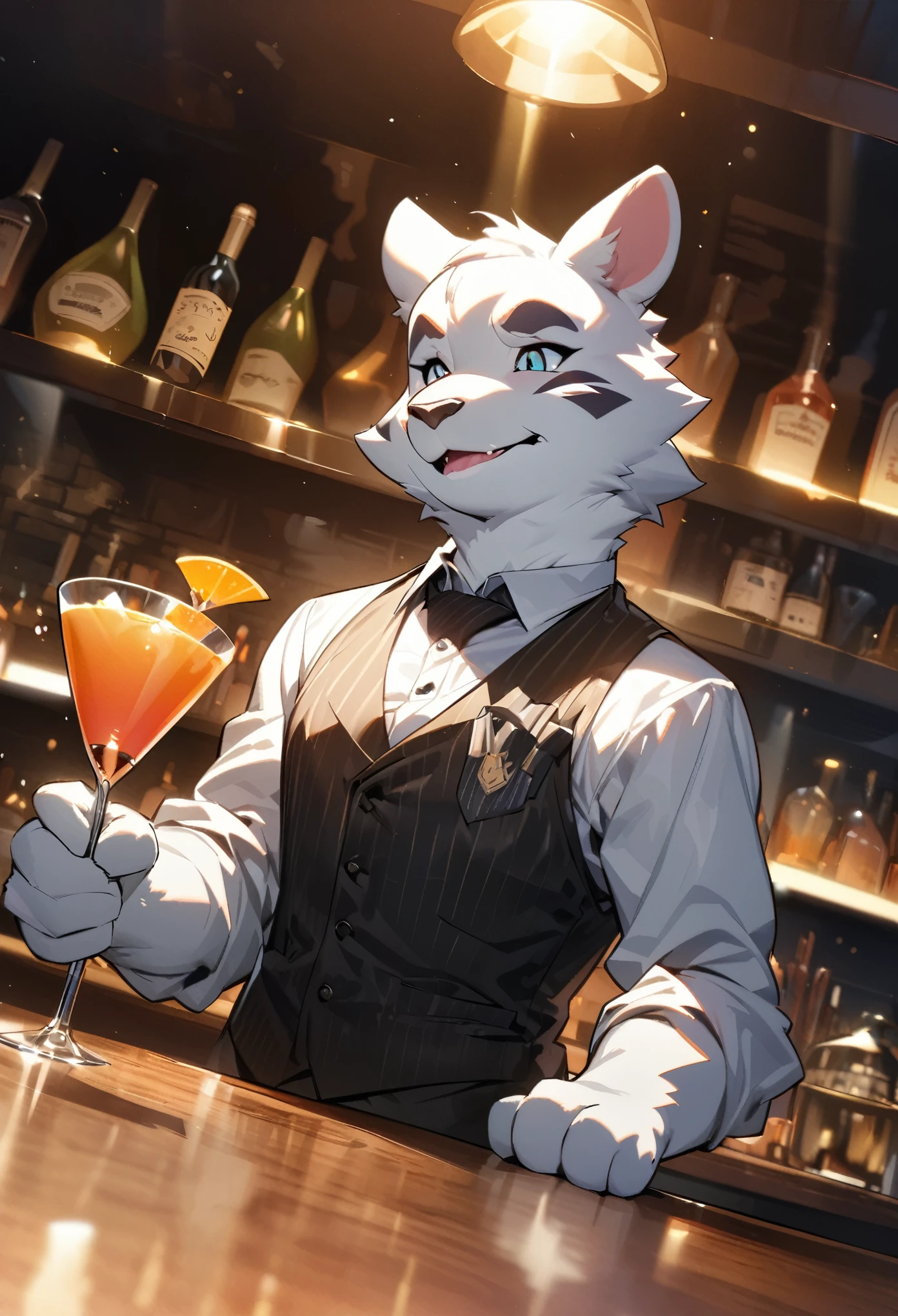 top quality, best quality, High-quality illustrations, masterpiece, super high resolution, detailed background, bartender, bar, cocktail, absurdres, perfect anatomy, expression, good lighting, cinematic shadow(kemono, furry anthro)dynamic angle,