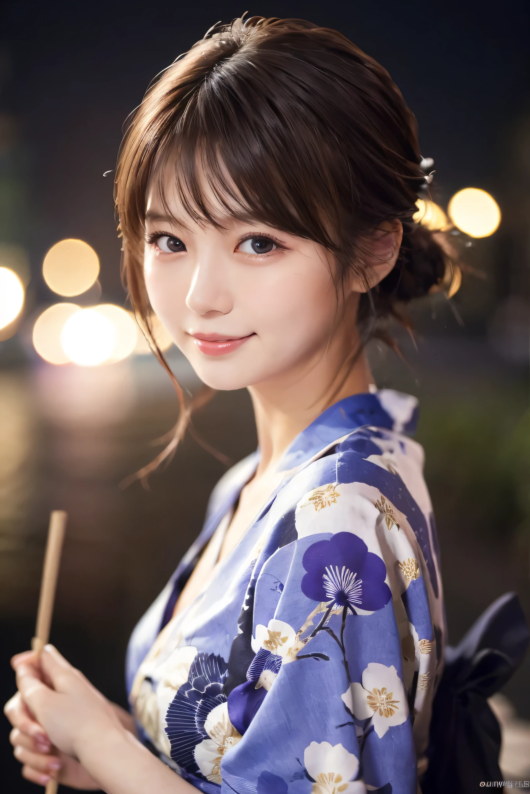 1 girl,{{Fireworks sparkle in the background、Waist up shot、Drooling eyes、Droopy eyes、Hair tied up、Bun Hair}}、Snapshots at the night fireworks festival、 {{Very clear and delicate blue eyes}}、(Luxurious yukata :1.2), (RAW Photos, highest qualそれy), (Realistic, Realistic:1.4), Tabletop, Very delicate and beautiful, Very detailed, 2k wallpaper, wonderful, finely, Very detailed CG Unlimited 8K wallpaper, Very detailed, High resolution, Soft Light, Beautiful detailed girl, Very detailed目と顔, Beautiful and sophisticated nose, Finely beautiful eyes, Cinema Lighting, Perfect Anatomy, Slender body, Was nervous,
short hair, bangs, Looking at the audience, smile