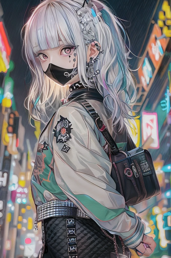 Goth_punk, One girl, alone, Medium Shot, Walking around Harajuku, ((at night)), Bokeh, Neon Light, Rainbow Eyes, Starry Sky, 白いShiny Hair, White eyebrows, Shiny Hair, (Iridescent white hair), Earrings, bangs, jewelry, mask, blunt bangs, Green Eyes, mouth mask, Blurred background, Blurred, hair ornaments, View your viewers, short hair, Portraiture, Side Lock