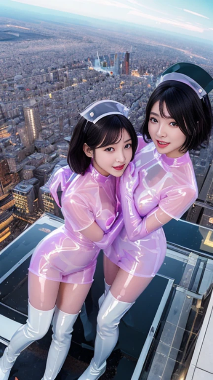 (masutepiece:1.0), (Best Quality:1.4), (A high resolution:1.2), (Photorealistic:1.4),(from above:1.5), (8K, Raw photo:1.2), (Soft Focus:1.4),BREAK,There is 2 girls wearing latex nurse who is hugging each other and jumping to the sky and smiling and taking pictures.............................................................,full body ,( her whole body covered with black latex:1.3),BREAK ,(one girl is wearing a translucent latex clear nurse:1.4),BREAK,(anotherrl is wearing a translucent latex clear nurse:1.4),BREAK,Slime skin,smooth tight nurse, translucent skin,Latex, Translucent body,latex shiny,detailed hand fingers,(glossy latex gloves:1.2), The perfect costume for your skin,BREAK,bob hair,(mint hair:1.3),glossy shiny reflective,natural make up,goddess of Japan, Glossy skin,gorgeous japanese model,Tecateca,shiny,Slimy,(Glossy black thigh-high boots:1.2),BREAK,detailed background,in the middle of a city,(floating above a dense night city:1.6),(floating over a city:1.6),