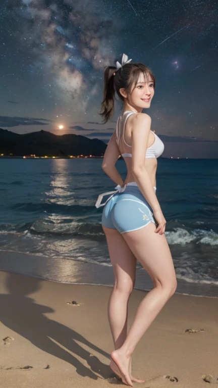 ((masterpiece)), (highest quality), 23 years old,Very detailed, finely, (High resolution), (8k), ((Perfect front viewcomposition)), (Natural color lip),(Side Ponytail:1.3),(((Standing facing forward on the beach at night))),((Light blue fitness shorts)),((From the whole body to the toes:1.3)),((Perfect front view:1.3)),((The magnificent Milky Way floating in the night sky)),((Natural pose)),(look back and smile),((Big ribbon on thigh)),((Big Ass)),((Ample breasts)),((Full and firm breasts)),(Small Pareo),