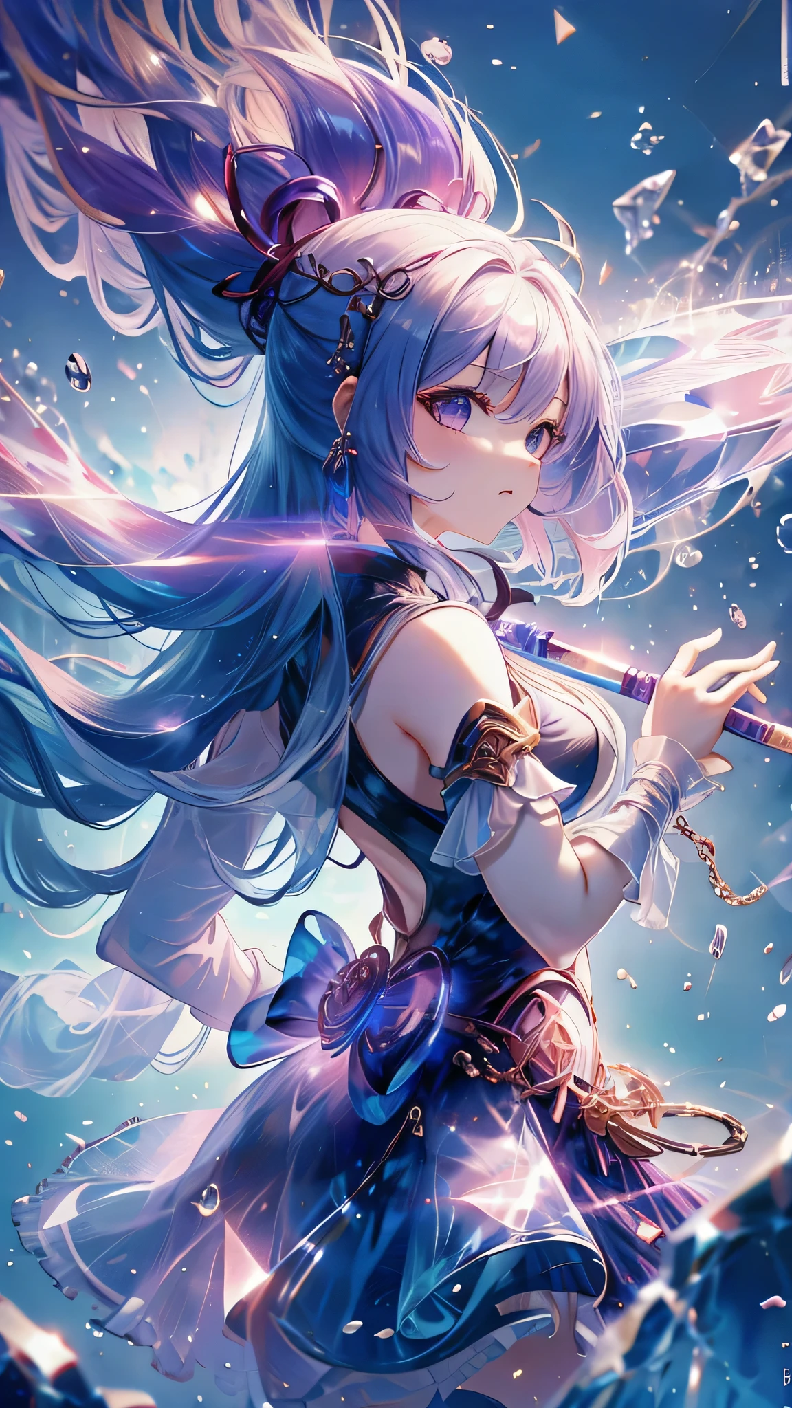 Extreme Detail, perfection, aerial photograph, Like a work of art, Anime girl with ice and snow sword, Her pink hair and long purple skirt complement each other well., Ayaka Genshin gazing into the distance, Leading to the world of Genshin.