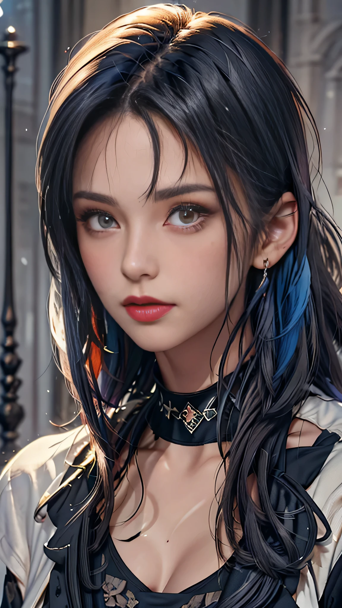 masterpiece, highest quality,3D rendering work ,3dmm style,close,Portraiture, 3D,One girl, alone, Multicolored Hair, Blue Hair, Black Hair, necklace, freckles, jewelry, Two-tone hair, When you look to the side, Realistic, Upper Body, Simple Background, bangs, avert your eyes, short hair, parted lips, Iris, lips, Gothic, choker, compensate, Mole, black shirt, shirt, watermark