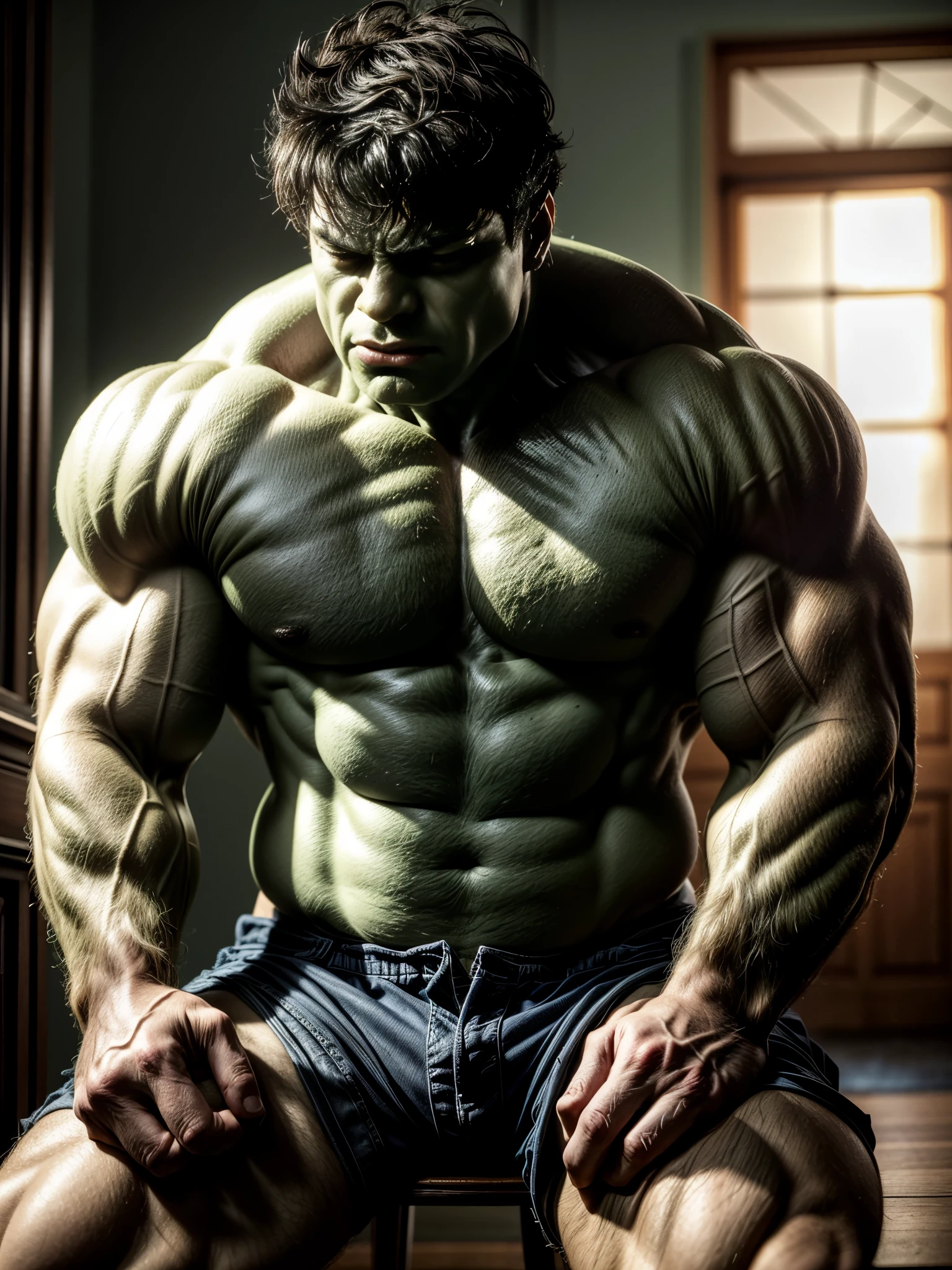 A man/hulk , incredible hulk, hyper realistic face, perfect face, hyper realistic eyes, eye reflection, perfect lips, A man/Hulk body setting,  green skin , eroticism, standing, big thighs , fat hips, a man/hulk was sitting alone, alone, very depressed, sad expression, crying expression, lots of tears flowing, both hands holding his head. (intricate), perfect anatomy, correct anatomy, UHD, 16K, hyper realistic shadow, hyper realistic lighting, hyper realistic reflection, hyper realistic atmosphere, (realistic photo:1.7), (extremely realistic photo),