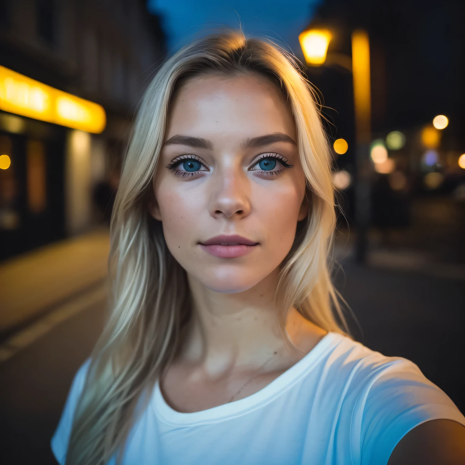 (Selfie, Vue de dessus: 1.4), (Right half of the body: 1.4), Photo portrait RAW UHD d’une blonde de 24 ans (Femme aux yeux bleus clairs) marcher dans une ruelle sombre, gros seins,, city at Nuit, (white round neck t-shirt skirt), (neckline), details (Textures! , cheveux! , Briller, Couleur!! , Disadvantages: 1.1), Des yeux brillants avec beaucoup de détails (regardant la caméra), Reflex lighting, Reflex, Ultra-quality, sharpness, profondeur de champ, grain du film (centre), Fujifilm XT3, Limpide, frame centre, beau visage, mise au point nette, street lamp, neon lighting, Bokeh (dimly lit), Nuit, (Nuit sky), detailed skin pores, peau grasse, coup de soleil, complex eye details, corps entier, gros seins