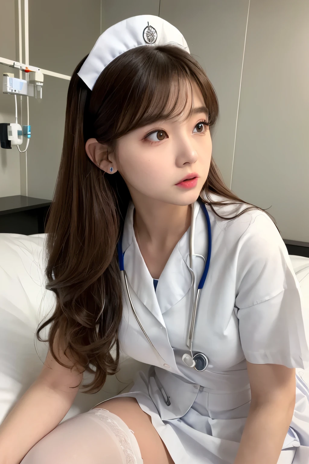 (1girl)、(Japanese、27 years old、Refreshing、clear、seems kind、stylish、(narrow eyes)、Pitiful、cute like an angel、cute、black eyes、Idol,actress,), Good style and slenderness, (Beautiful big breasts:0.7),(soft breasts),(very cute),(brown hair),,(tendrils),(medium long hair),(enchanting eyes),(highlight on eyes:1.2)、(8K、Live shooting、highest quality、masterpiece:1.2、optimal lighting)、((masterpiece)),(Photo taken by a professional photographer),(real、photo real:1.4),break,{ (white nurse costume),(((taraditional nurse uniform))),(white nurse mini skirt),(( pantyhose)),(cleavage:0.7)},(Angry face:1.3),(cheeks are red:1.2)、,((talking to a patient lying in bed:1.2))、Face close-up:1.3,Looking at viewer、Mouth wide open, break, break,Hospital room,Hospital bed,