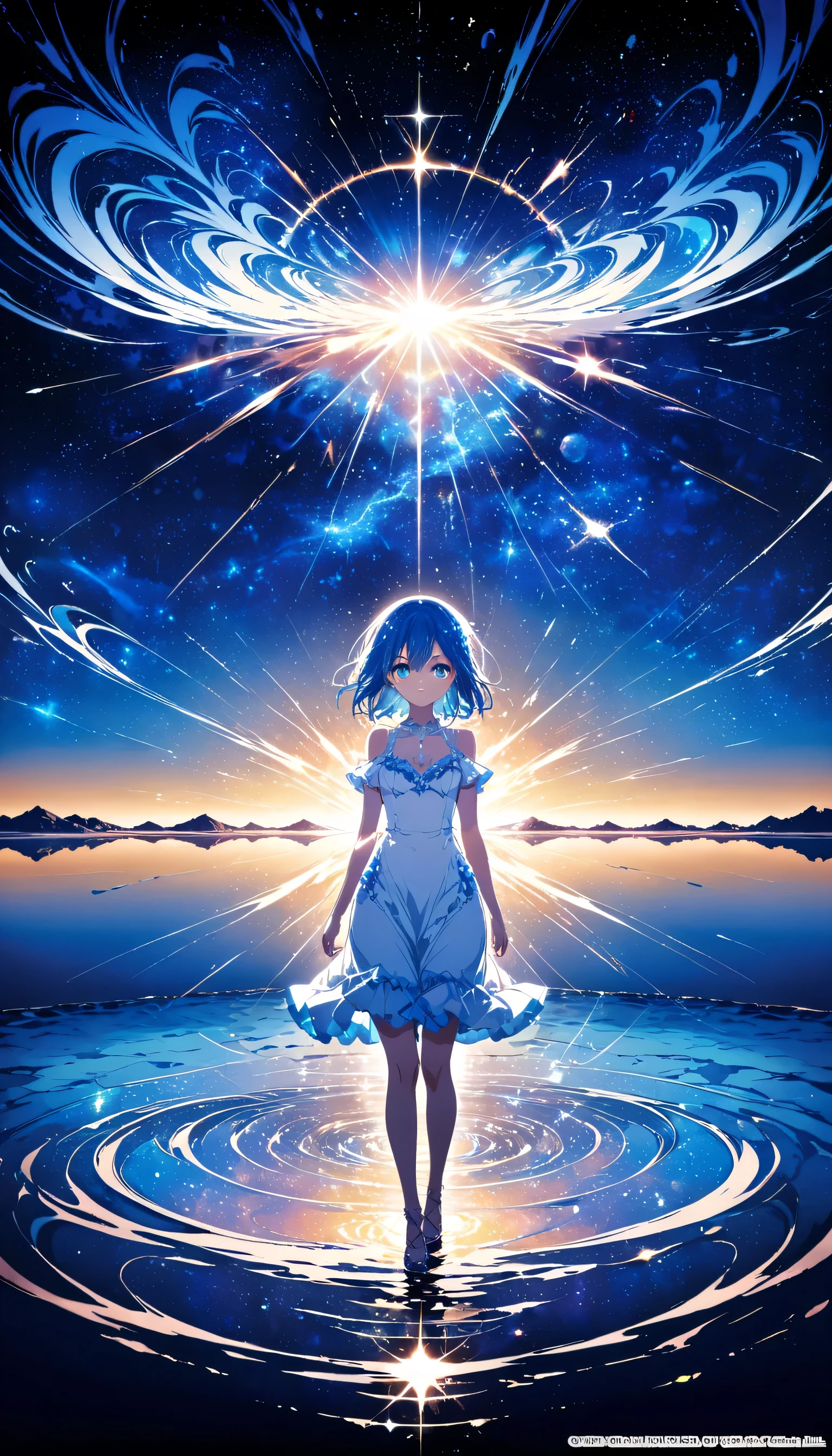 Absurd, High resolution, (Official Art, beautifully、aesthetic:1.2), (Shortsighted:1.15), (One girl, Blue Hair, Medium Hair, blue eyes, Bright Eyes, long white dress, Blue frills,:1.2) blue sky, Sparkling Galaxy, (Uyuni salt lake:1.2), (Fractal Art:0.8), water effects, Ripple effects, (Flower effect: 0.65), Light effects,