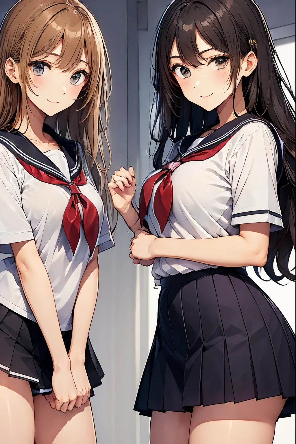 School classroom、two high school girls、seductive smile、nsfw、Panty shot、cameltoe、