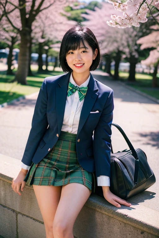 (highest quality,8K),(smile),(cowboy shot),(school uniform),(Sports Bags),(One bag),(Navy Blue Blazer),(The blazer is long),A bow tie,(green tartan skirt),(White socks),Long face,Black hair bob,Cherry blossom trees