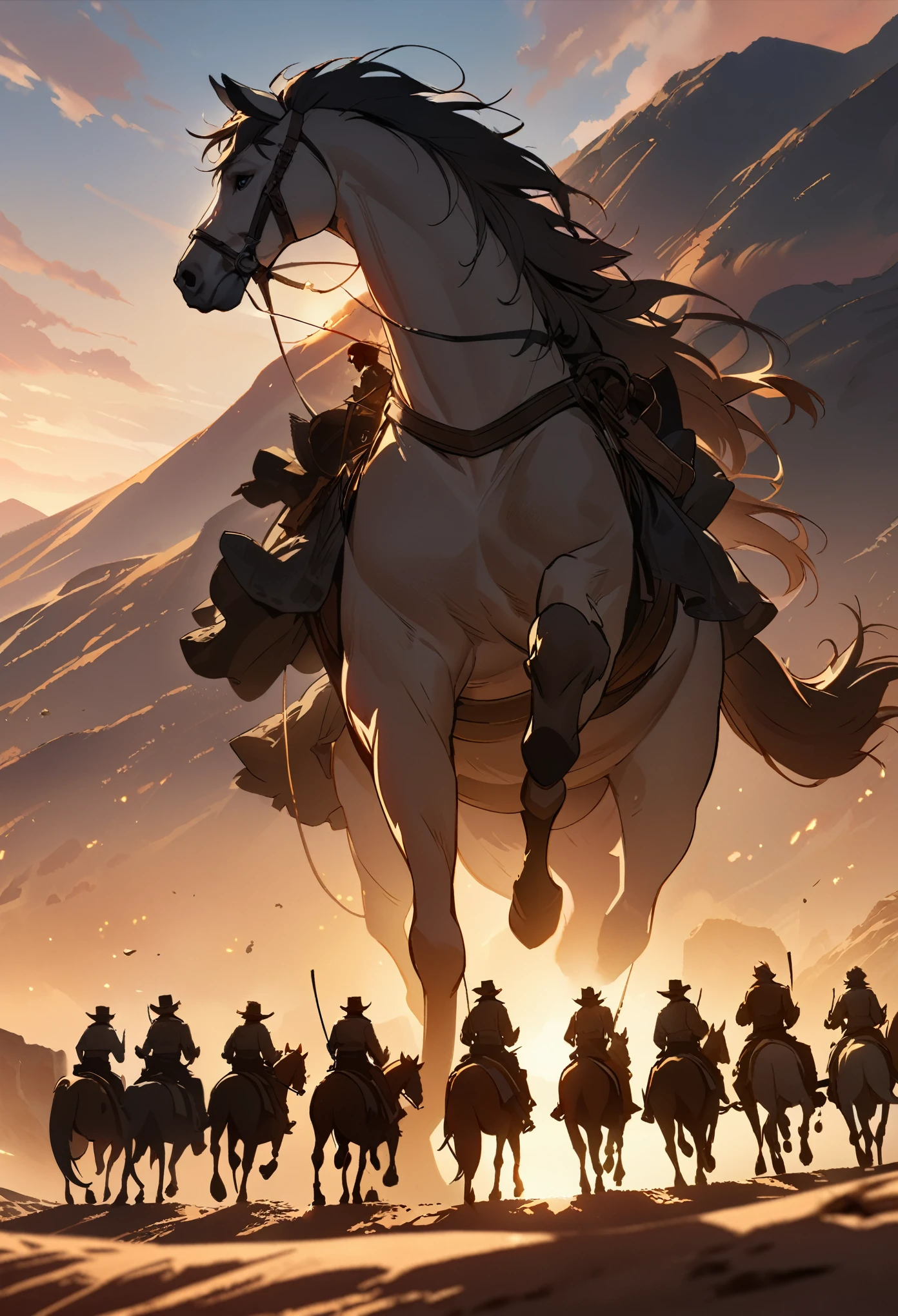 top quality, best quality, High-quality illustrations, masterpiece, super high resolution, detailed background, The desolate and rugged desert landscape at sunset, with the sky turning shades of red and the dry earth stretching into the distance, Cowboys racing across the prairie, stirring up dust as the sound of horse hooves echoes through the air, A lone sheriff standing at the entrance of a saloon, with a wooden sign swaying gently behind him, A gunslinger suddenly emerging from the shadows, his sharp gaze and the silence creating a tense atmosphere, 6+boys, 6+girls, absurdres(highly detailed beautiful face and eyes)perfect anatomy, expression, good lighting, cinematic shadow(kemono, furry anthro)assorted poses, dynamic angle,
