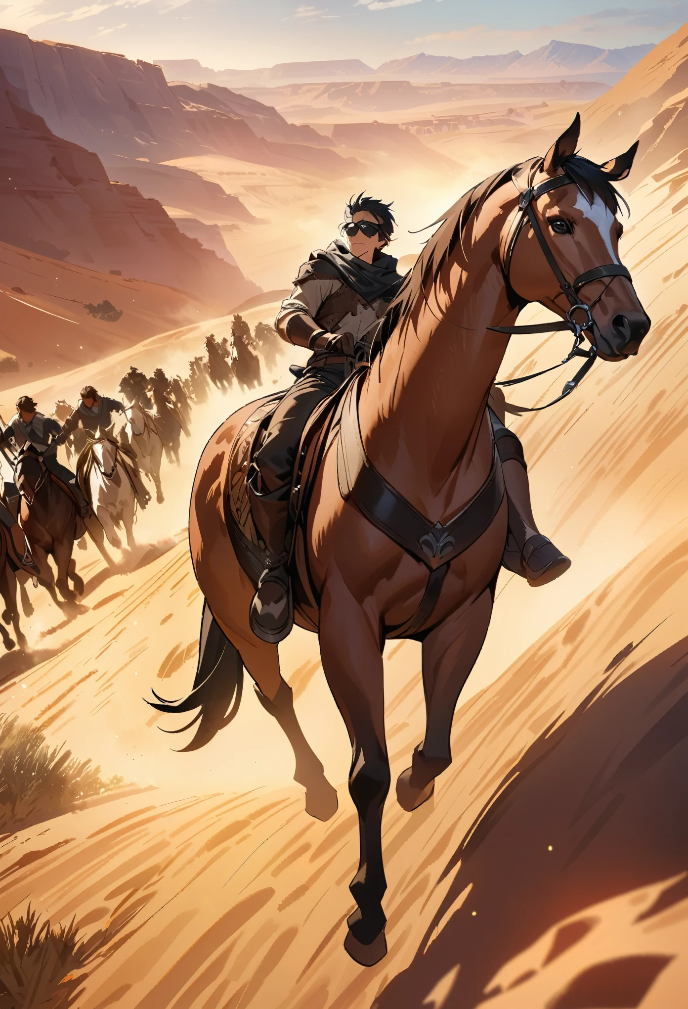 top quality, best quality, High-quality illustrations, masterpiece, super high resolution, detailed background, The desolate and rugged desert landscape at sunset, with the sky turning shades of red and the dry earth stretching into the distance, Cowboys racing across the prairie, stirring up dust as the sound of horse hooves echoes through the air, A lone sheriff standing at the entrance of a saloon, with a wooden sign swaying gently behind him, A gunslinger suddenly emerging from the shadows, his sharp gaze and the silence creating a tense atmosphere, 6+boys, 6+girls, absurdres(highly detailed beautiful face and eyes)perfect ???????, expression, good lighting, cinematic shadow(kemono, furry anthro)assorted poses, dynamic angle,