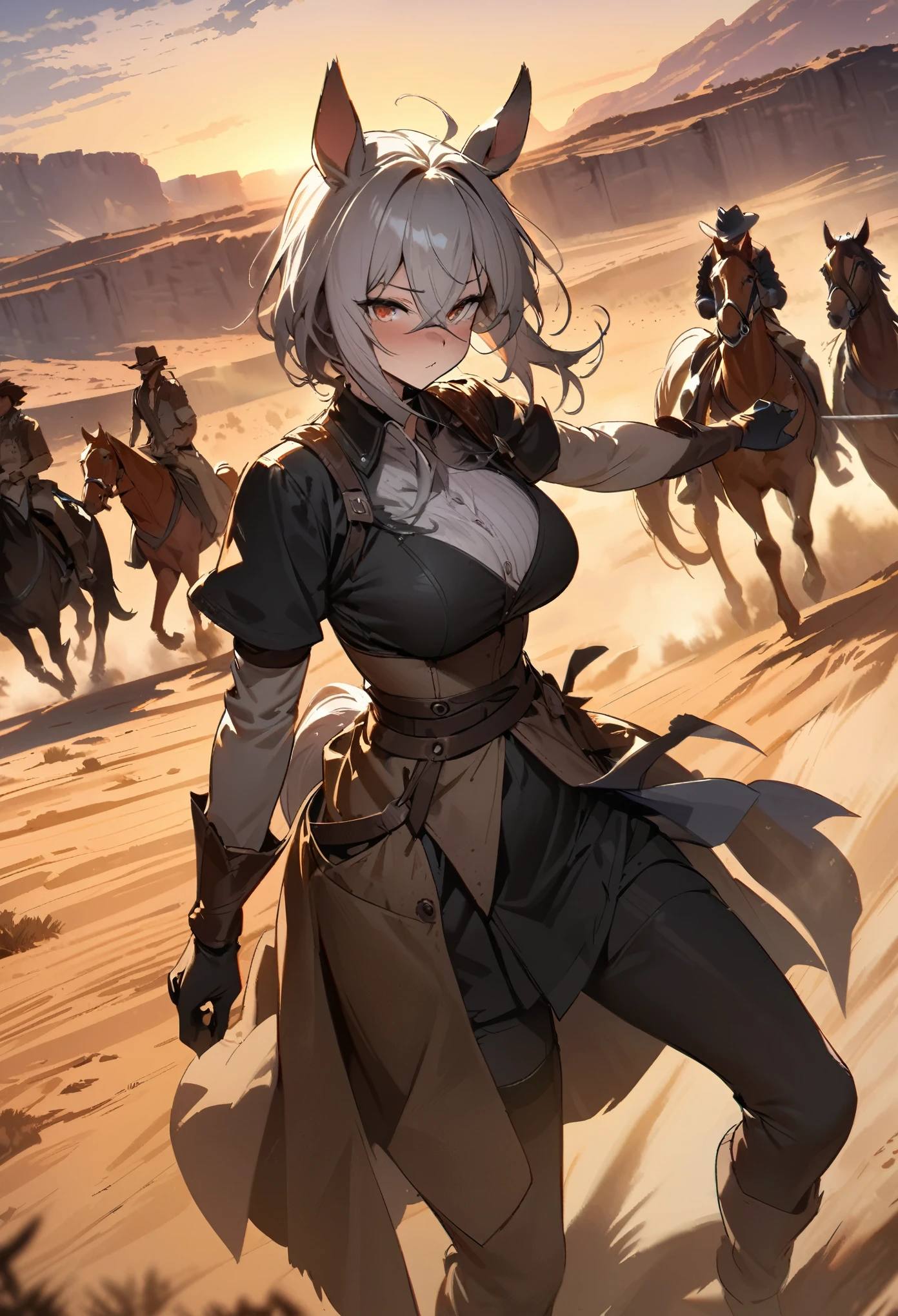 top quality, best quality, High-quality illustrations, masterpiece, super high resolution, detailed background, The desolate and rugged desert landscape at sunset, with the sky turning shades of red and the dry earth stretching into the distance, Cowboys racing across the prairie, stirring up dust as the sound of horse hooves echoes through the air, A lone sheriff standing at the entrance of a saloon, with a wooden sign swaying gently behind him, A gunslinger suddenly emerging from the shadows, his sharp gaze and the silence creating a tense atmosphere, 6+boys, 6+girls, absurdres(highly detailed beautiful face and eyes)perfect anatomy, expression, good lighting, cinematic shadow(kemono, furry anthro)assorted poses, dynamic angle,