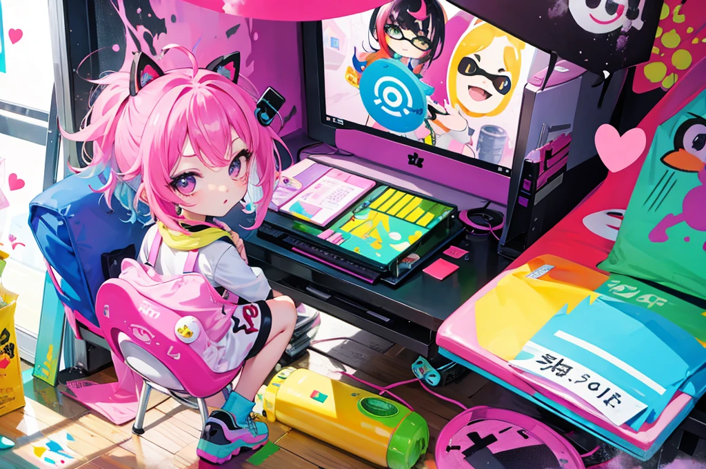 the kids,(chibi),chibi characters use various gadgets to paint each other and paint the walls and floors,splatoon,colorful,