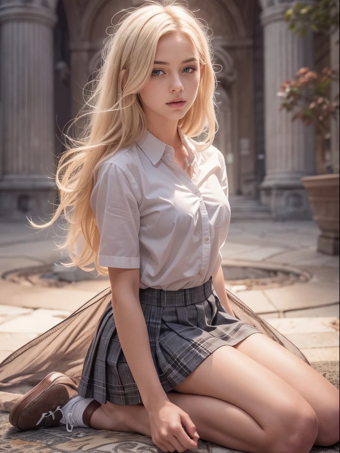 Photorealistic, Beautiful, white, older child, wearing short sleeved white blouse, smiling brightly, wearing white thigh highs, wearing black miniskirt, long blonde hair, sitting on corner of office desk in an executive office suite, extreme detail, 8k, wallpaper