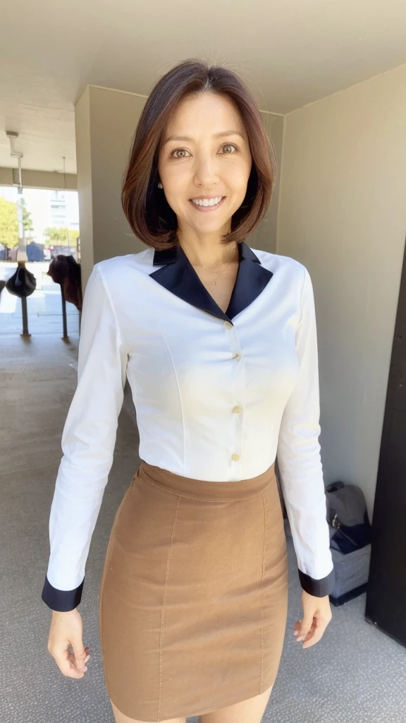 ((highest quality)), ((8K)), ((masterpiece:1.3)), (perfect look), (photorealism:1.6), (Japanese woman walking in the office area), (woman turning around), (Turn around and turn your eyes towards me), japanese woman, 47 years old, ((Realistic skin texture)), (Fine wrinkles throughout the skin: 1.3), (Dull skin: 1.1), (Skin without moisture: 1.2) , (Wrinkles on the face: 0.9), (Wrinkles on the corners of the eyes: 1.2), Double eyelids, tear bags on the lower eyelids, (Crying moles: 0.9),, small breasts, soft fabric blouse, wide sleeves, Cuffs that fit your wrist, (The hem of the blouse is tucked into the skirt: 1.2), (mermaid line skirt: 1.2), high heels, (whole body: 1.4), hidako_face, 