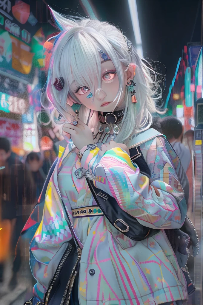 Goth_punk, One girl, alone, Medium Shot, Walking around Harajuku, ((at night)), Bokeh, Neon Light, Rainbow Eyes, Starry Sky, 白いShiny Hair, White eyebrows, Shiny Hair, (Iridescent white hair), Earrings, bangs, jewelry, mask, blunt bangs, Green Eyes, mouth mask, Blurred background, Blurred, hair ornaments, View your viewers, short hair, Portraiture, Side Lock