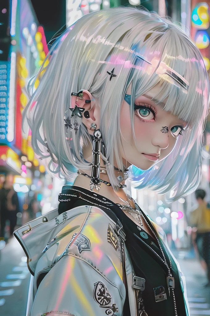 Goth_punk, One girl, alone, Medium Shot, Walking around Harajuku, ((at night)), Bokeh, Neon Light, Rainbow Eyes, Starry Sky, 白いShiny Hair, White eyebrows, Shiny Hair, (Iridescent white hair), Earrings, bangs, jewelry, mask, blunt bangs, Green Eyes, mouth mask, Blurred background, Blurred, hair ornaments, View your viewers, short hair, Portraiture, Side Lock