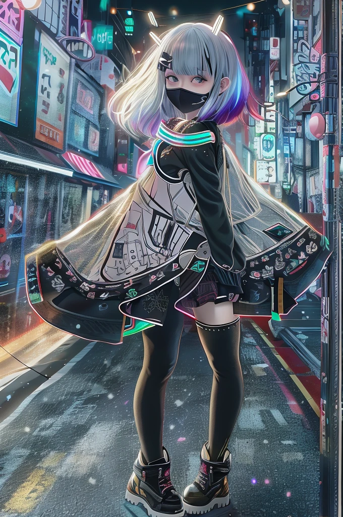 Goth_punk, One girl, alone, Medium Shot, Walking around Harajuku, ((at night)), Bokeh, Neon Light, Rainbow Eyes, Starry Sky, 白いShiny Hair, White eyebrows, Shiny Hair, (Iridescent white hair), Earrings, bangs, jewelry, mask, blunt bangs, Green Eyes, mouth mask, Blurred background, Blurred, hair ornaments, View your viewers, short hair, Portraiture, Side Lock