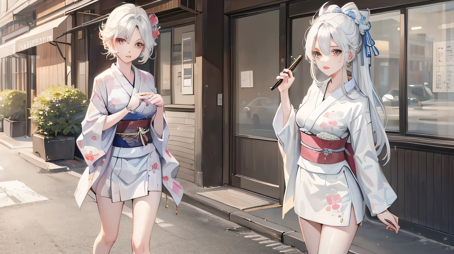 ((highest quality)), ((masterpiece)), (detailed), Perfect Face,for anime,A beautiful white-haired woman wearing a kimono stands on the street