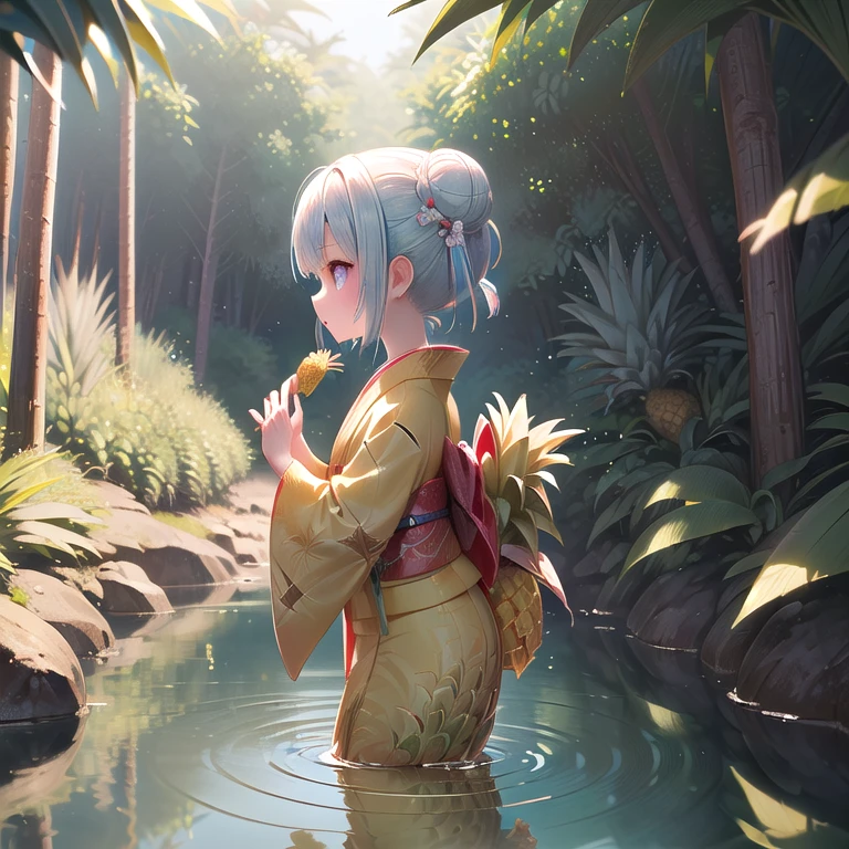 (Little, pineapple, 3DCG, kimono,1 girl: 1.5), (masterpiece, Almond-shaped eyes, shiny white-blue hair, short bun hair, highest quality, Carefully drawn fingertips, Beautiful anatomy: 1.4), (Half Body: 1.3), (Red cheeks, Indifference, Expressionless, Hair blowing in the wind: 1.2), (Little decides to go on a journey in search of the legendary chocolate fountain deep in the forest. She takes the pineapple and begins exploring the forest. In the way, She encounters mystical creatures and magical forces.、Unlocking the secrets of chocolate。. :1.4),(rural life,Side view,Purification,Offerings,Reflection of light on the lake,Shrine maiden, Purple Sun:1.4)