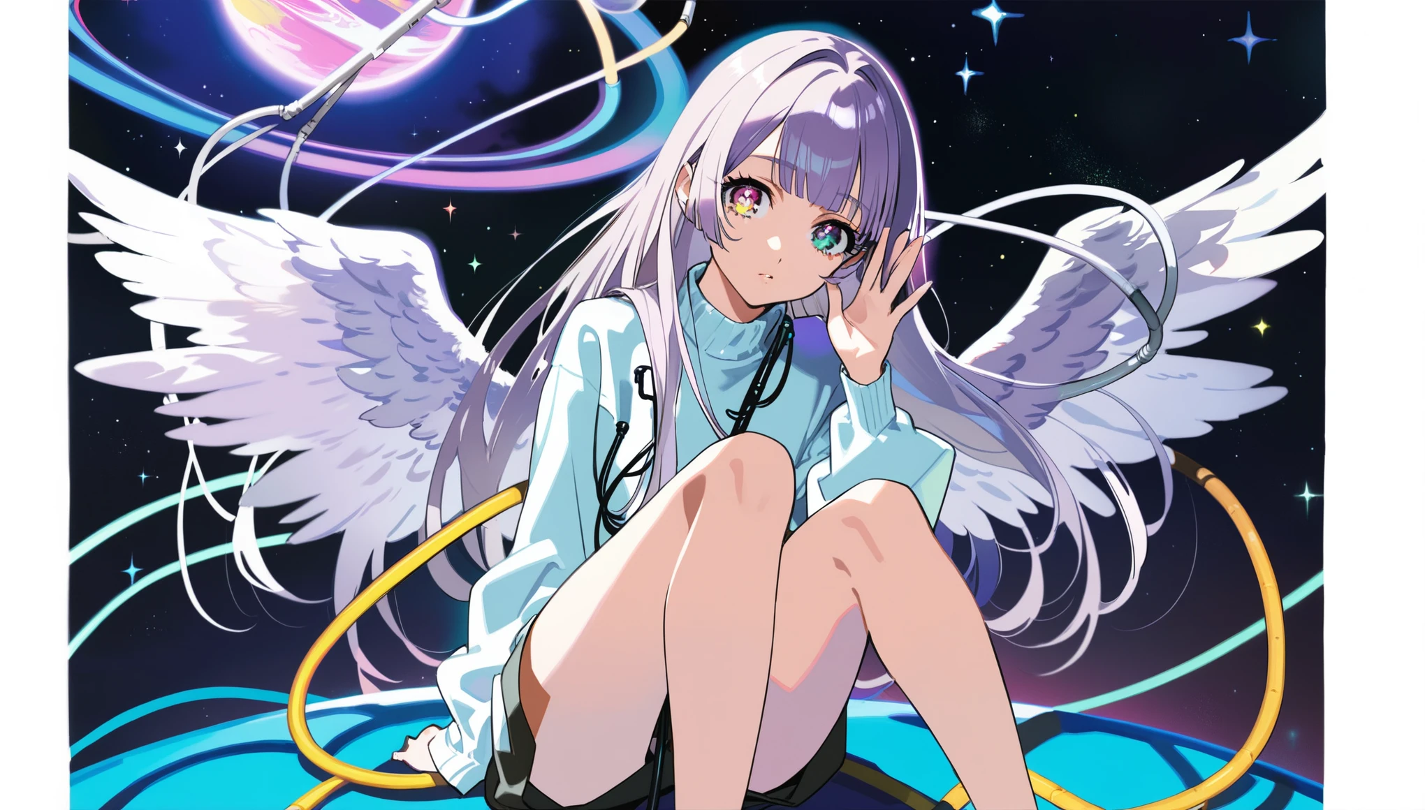 1girl, by yoneyama mai, by maimuro, pseudo-impasto, waving, Heterochromatic pupil, (sitting on a neon planet), cowboy shot,amazing quality, depressed, angel wings, solo, white long hair, wings bangs, provocative, cosmic background, cables and wires contrast aesthetic, beautiful color, (amazing quality:1.5), masterpiece