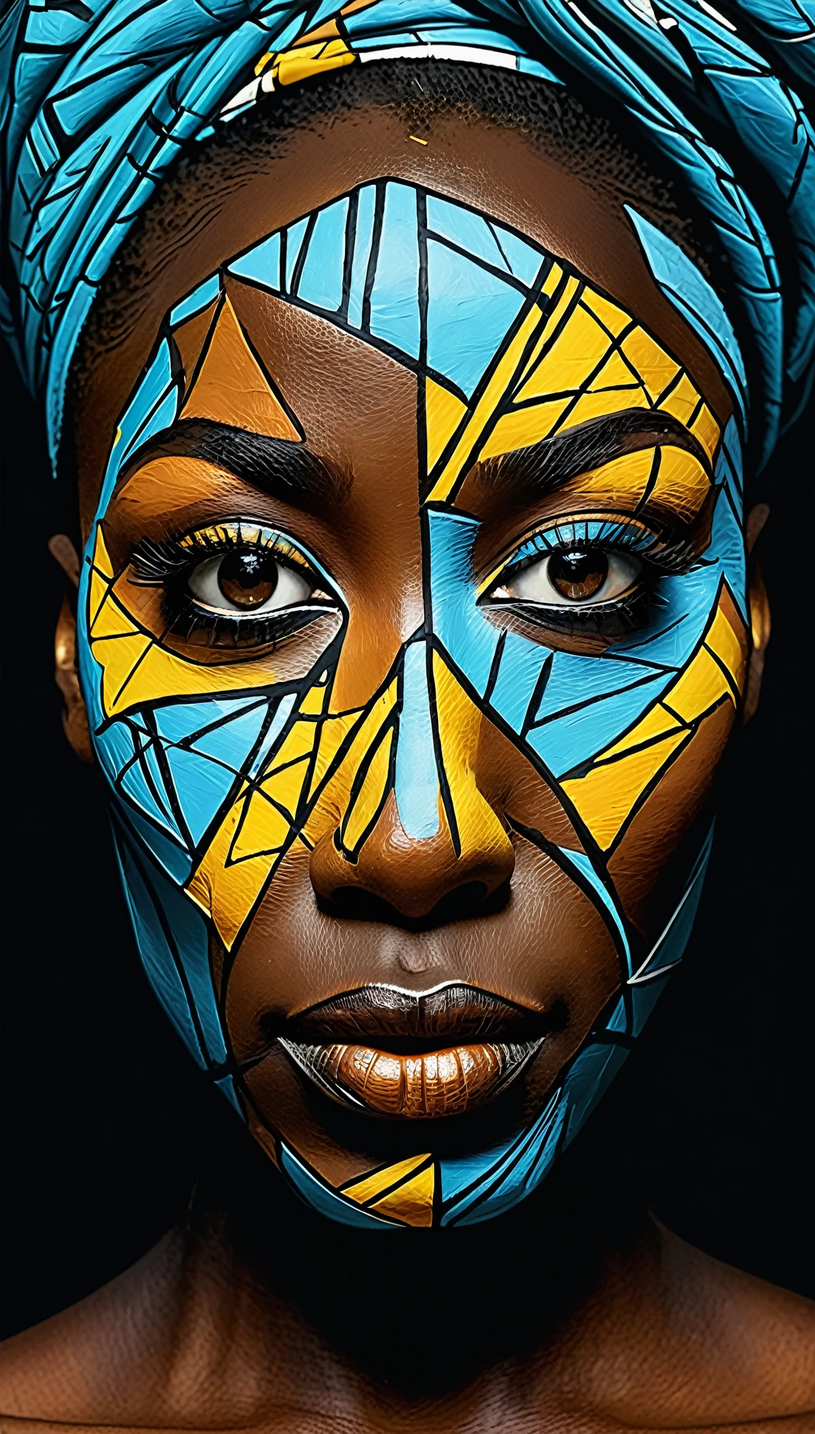 Centered image. Makeup of a faceless African woman, sur fond noir, Visage abstrait, Portrait abstrait, stylized face, Peinture pop art, Very expressive detailed face, expressive female face, Style Picasso, Une peinture pop art, Belle peinture expressive, detailed face of a woman, detailed expression, Style Picasso, Style cubisme