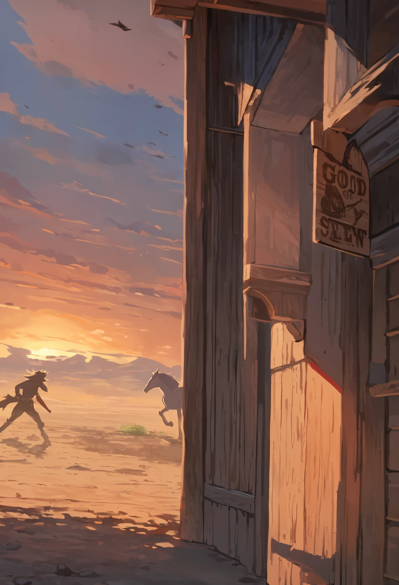 top quality, best quality, High-quality illustrations, masterpiece, super high resolution, detailed background, The desolate and rugged desert landscape at sunset, with the sky turning shades of red and the dry earth stretching into the distance, Cowboys racing across the prairie, stirring up dust as the sound of horse hooves echoes through the air, A lone sheriff standing at the entrance of a saloon, with a wooden sign swaying gently behind him, A gunslinger suddenly emerging from the shadows, his sharp gaze and the silence creating a tense atmosphere, absurdres(highly detailed beautiful face and eyes)perfect anatomy, expression, good lighting, cinematic shadow(1girl, kemono, furry anthro)dynamic angle,