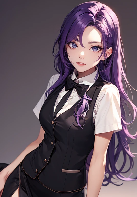 ((Perfect Face)),Purple Hair,Long Hair,1 female,bartender,Black vest,Shirt with rolled up sleeves,slit,High heels,,((Simple Background)),smile,((whole body)),((whole body)),Portraits,virtual,upright,,