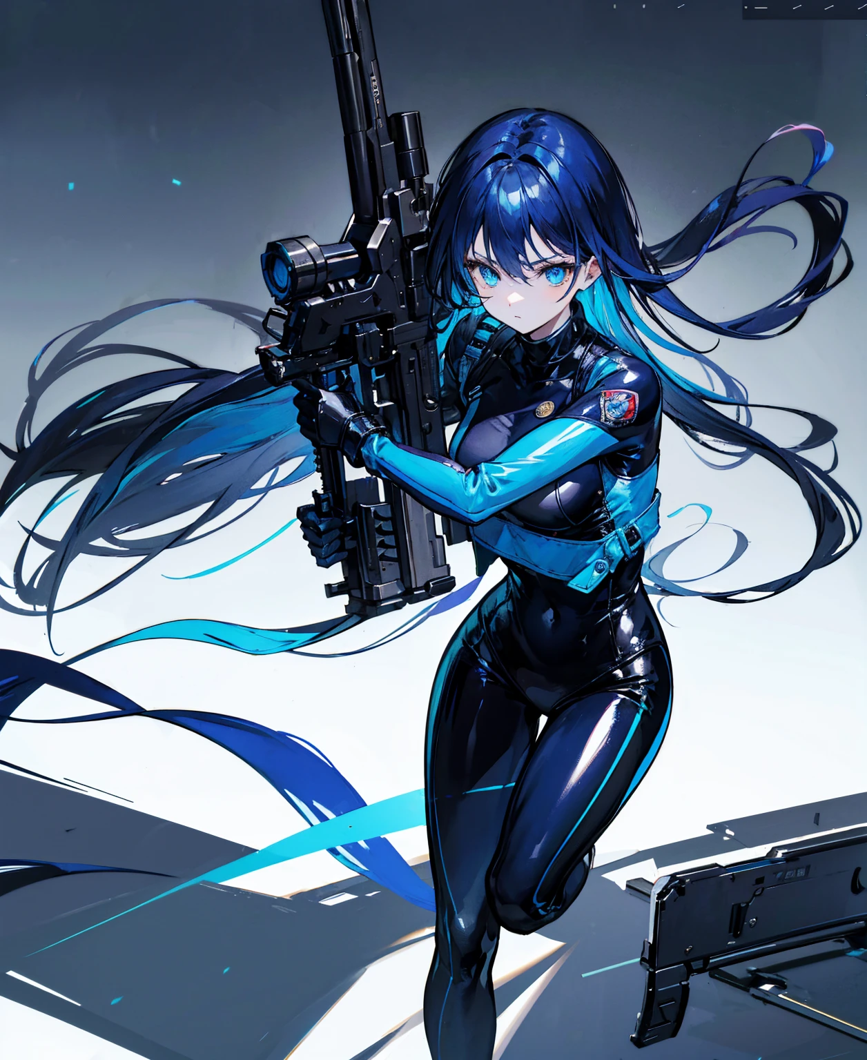 There is no background,girl,Carry a firearm,Patent leather tight suit,Use of firearms,Navy blue long hair,attention arousal,Blue colored eyes,No gradients
