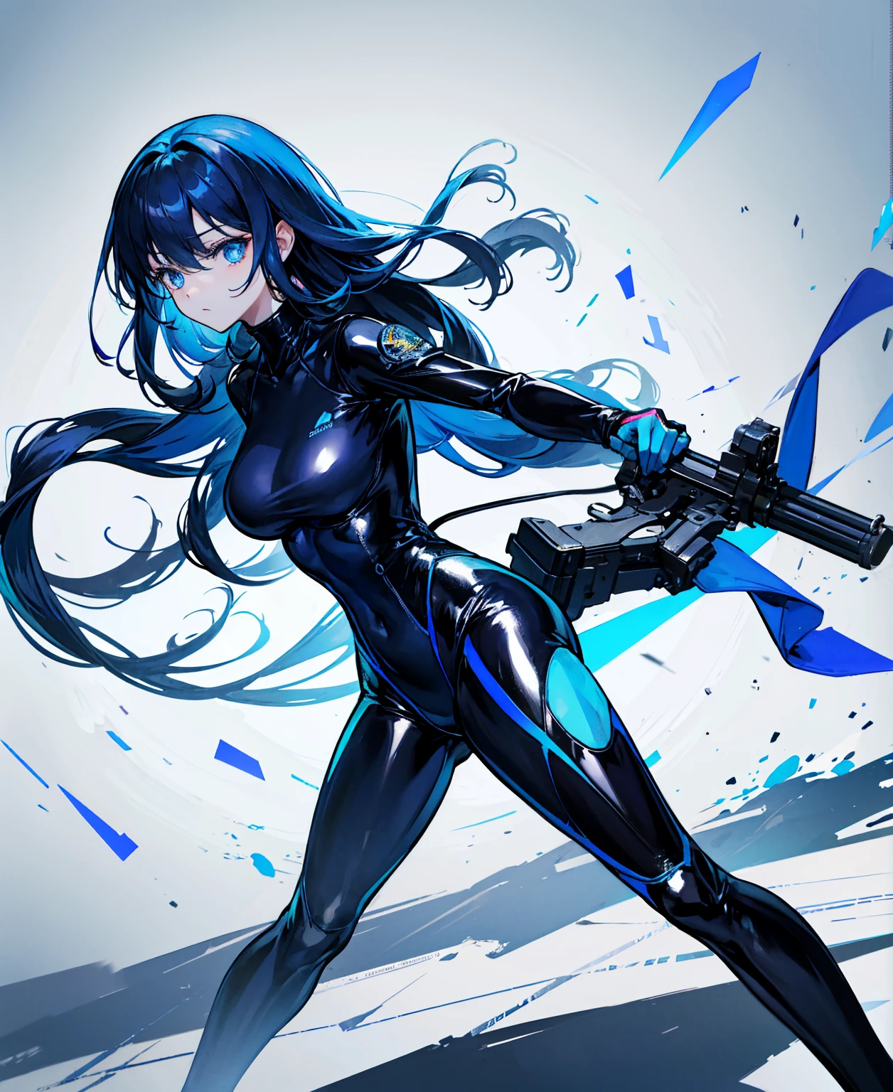 There is no background，girl，Carry a firearm，Patent leather tight suit，Use of firearms，Navy blue long hair，attention arousal，Blue colored eyes,No gradients